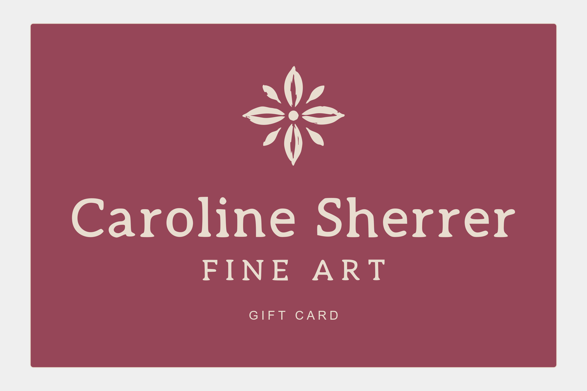 Mulberry Caroline Sherrer Fine Art gift card with cream logo and brand icon on a light gray background.