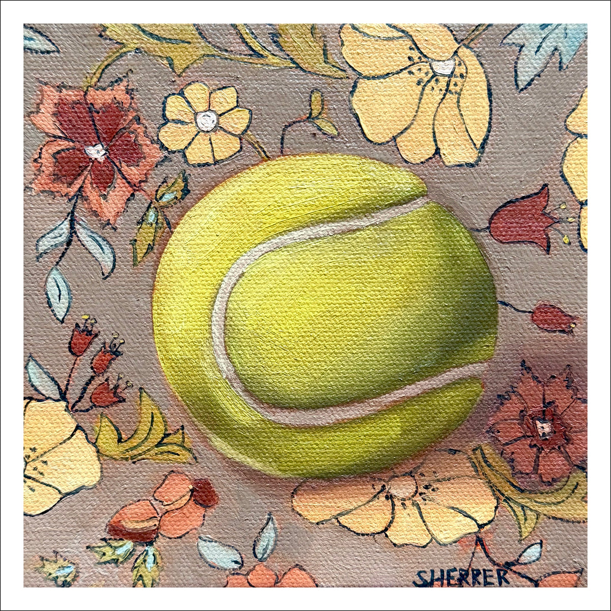 Love All fine art print by Caroline Sherrer, featuring one yellow-green tennis ball on a gray-brown textile background with a pink, blue and green floral print.