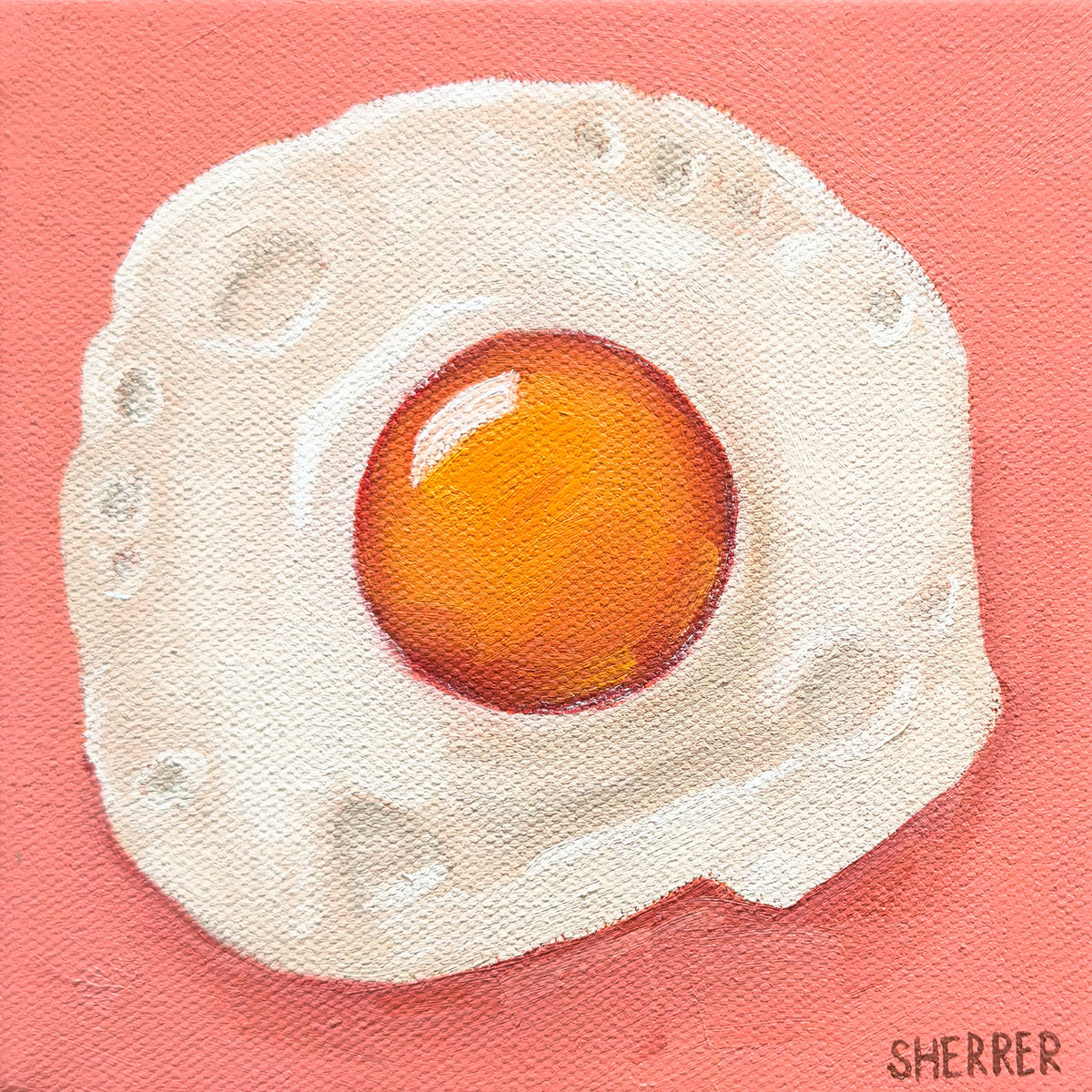 Egg-cellent, original oil painting by Caroline Sherrer, featuring a sunny-side-up fried egg on a brick red background.