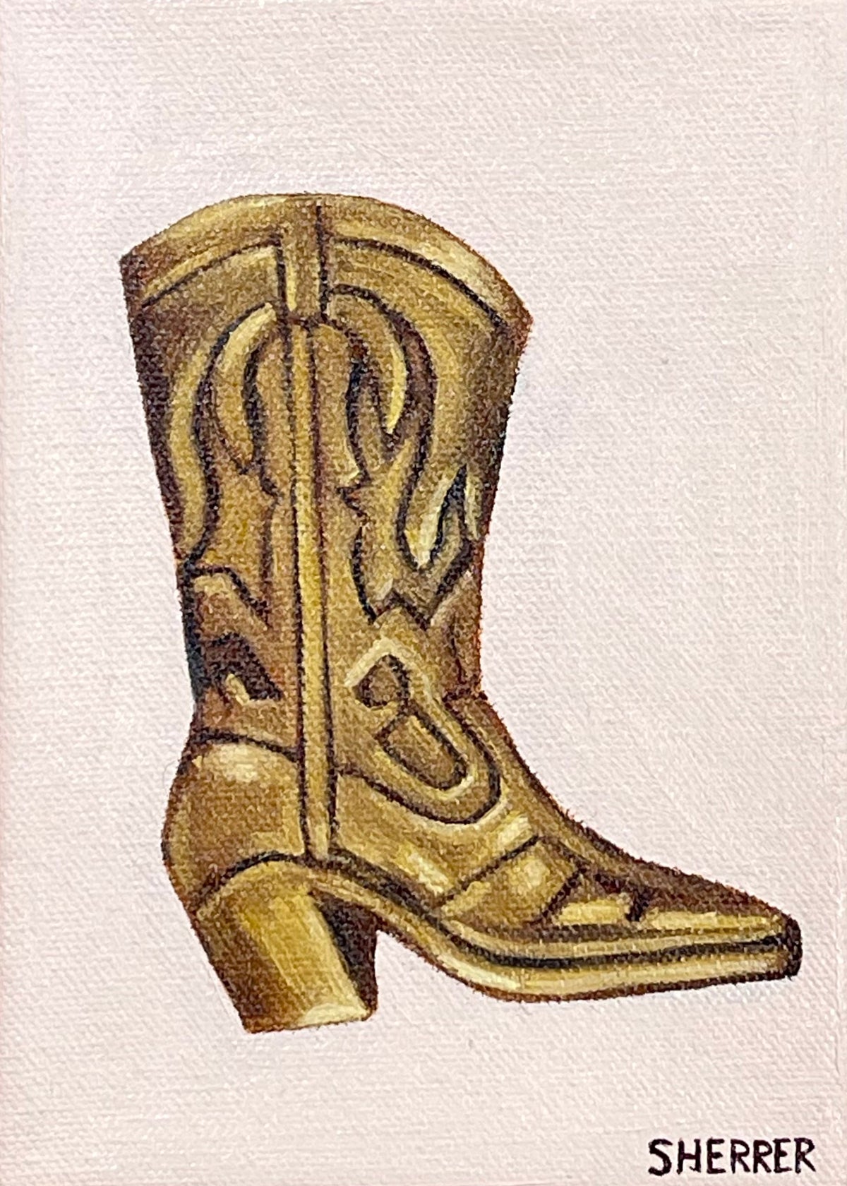 Brass Boot, original oil painting by Caroline Sherrer, featuring a small brass cowboy boot on a light tan background.