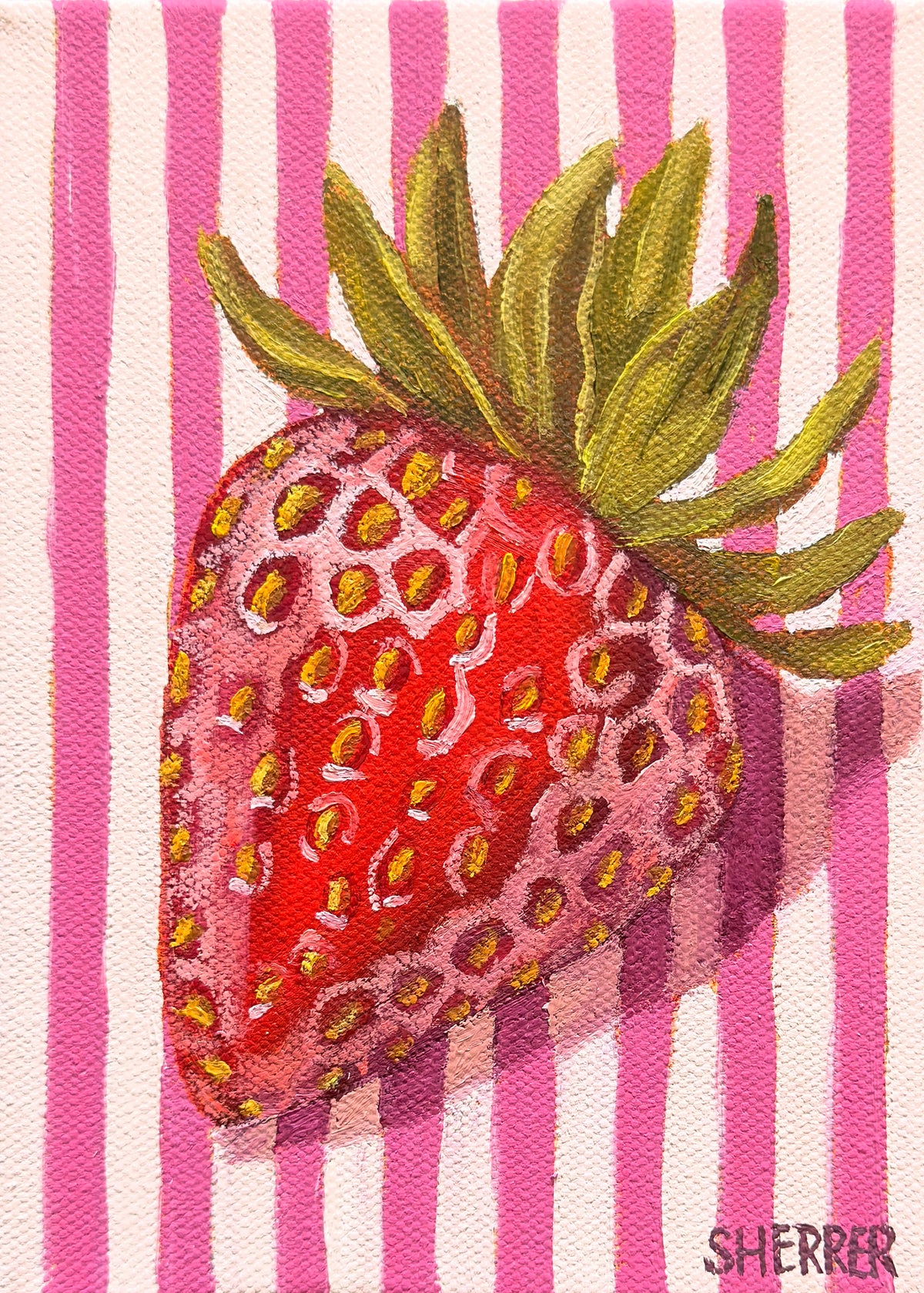 Simple Pleasures, original oil painting by Caroline Sherrer, featuring one red strawberry with green leaves on a pink and white striped background.