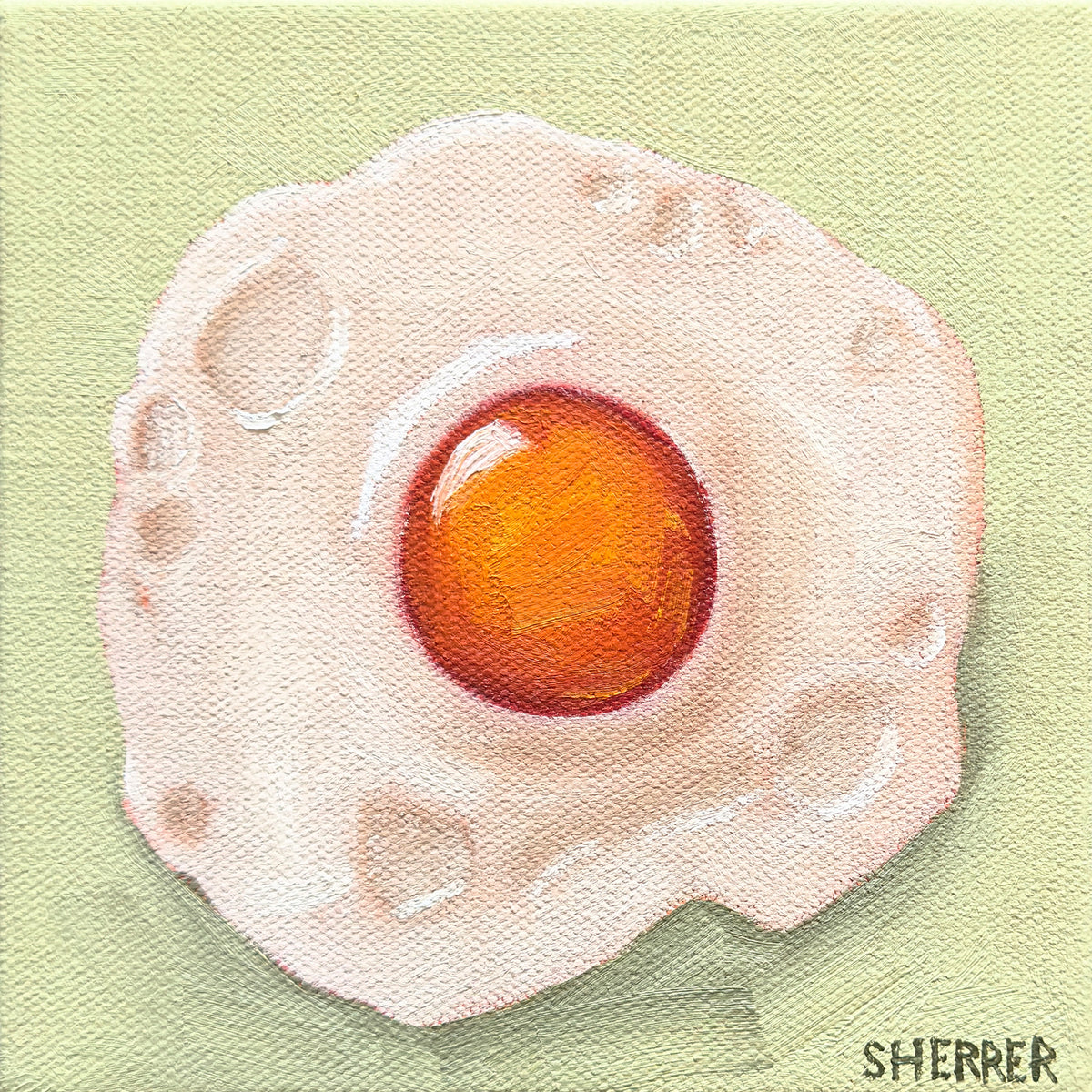 Fry-day, original oil painting by Caroline Sherrer, featuring a sunny-side-up fried egg on a green background.