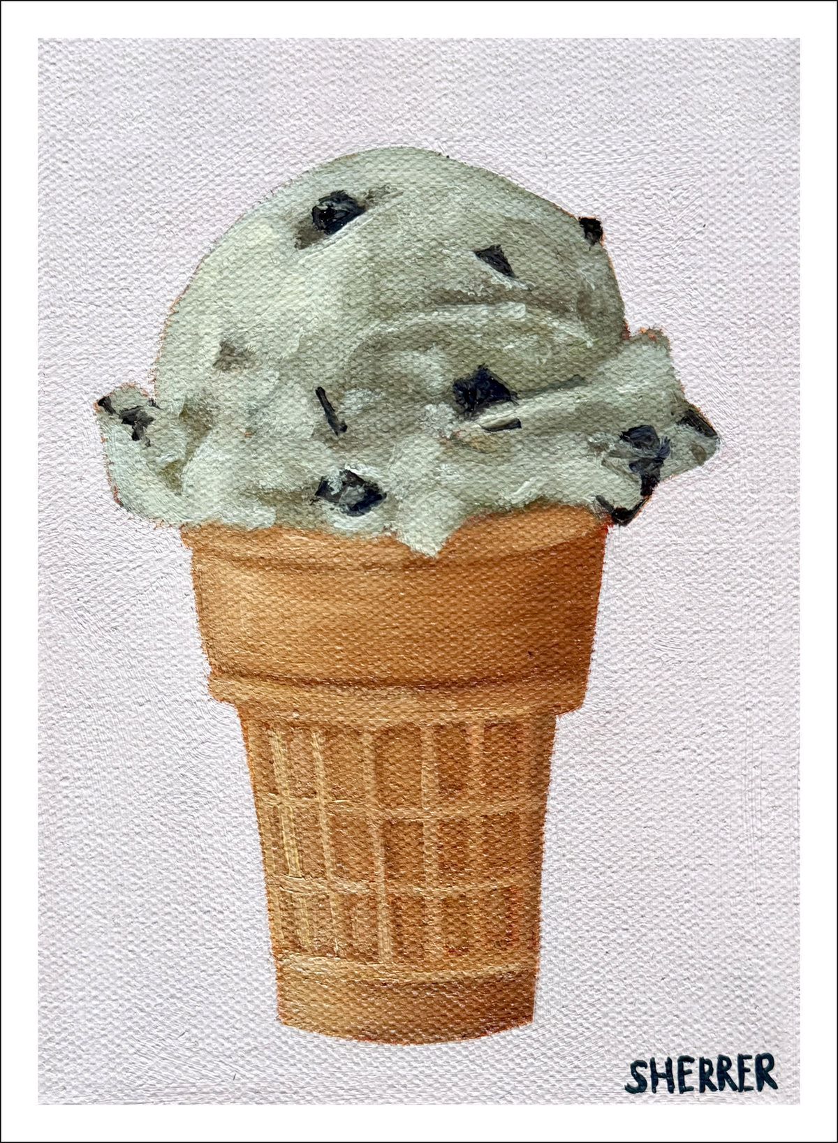 Ice Cream Mint fine art print by Caroline Sherrer, featuring a nostalgic one scoop mint chocolate chip ice cream cone.