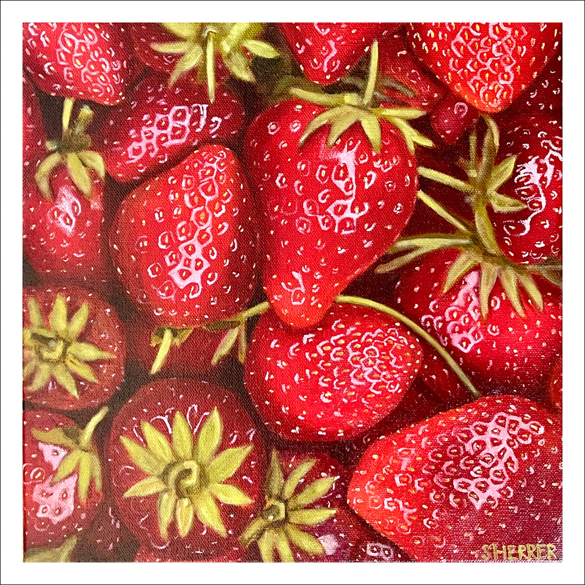 Strawberries Zoomed fine art print by Caroline Sherrer, featuring many strawberries that are being zoomed in on.
