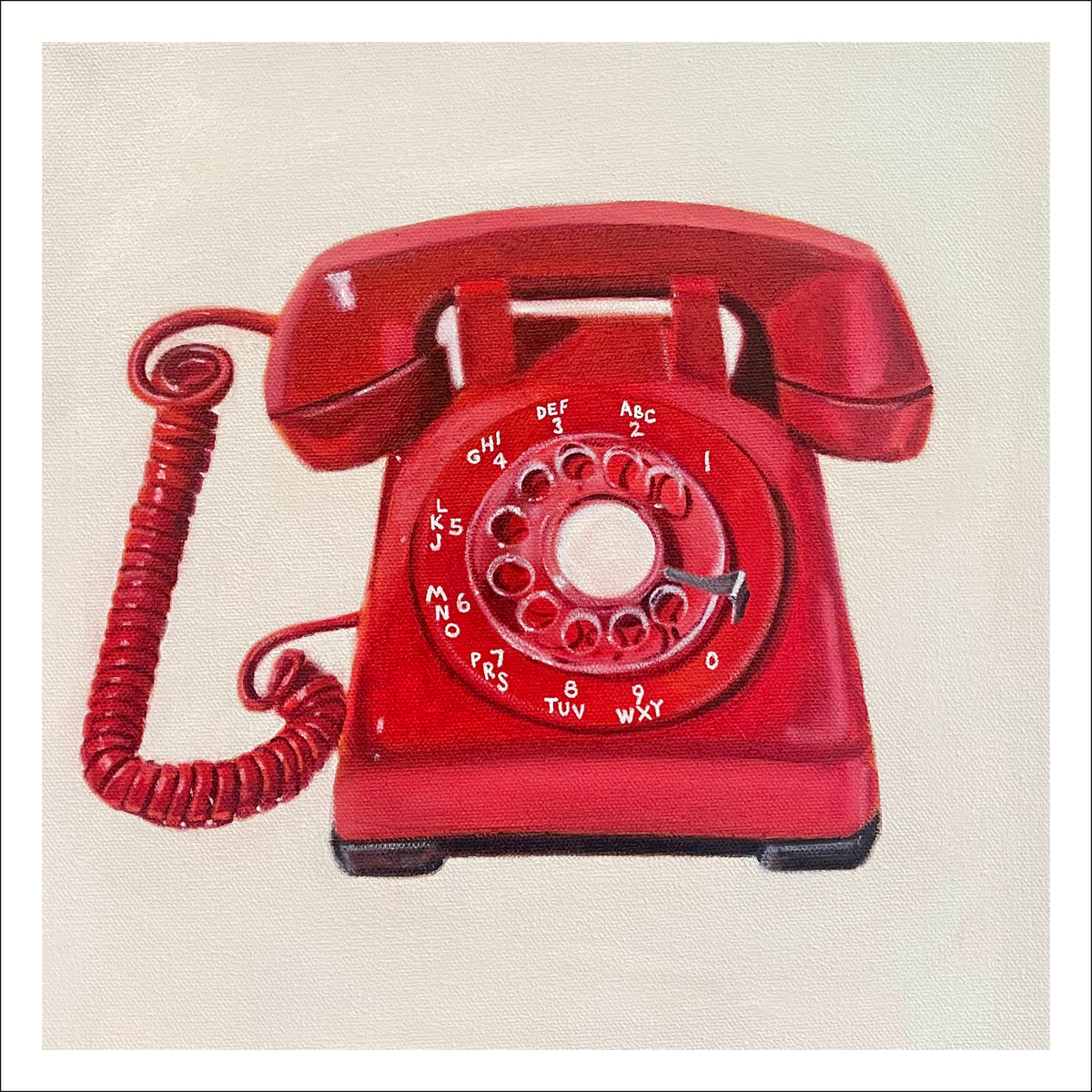 Red Phone fine art print by Caroline Sherrer, featuring a red vintage rotary phone on a warm white background.