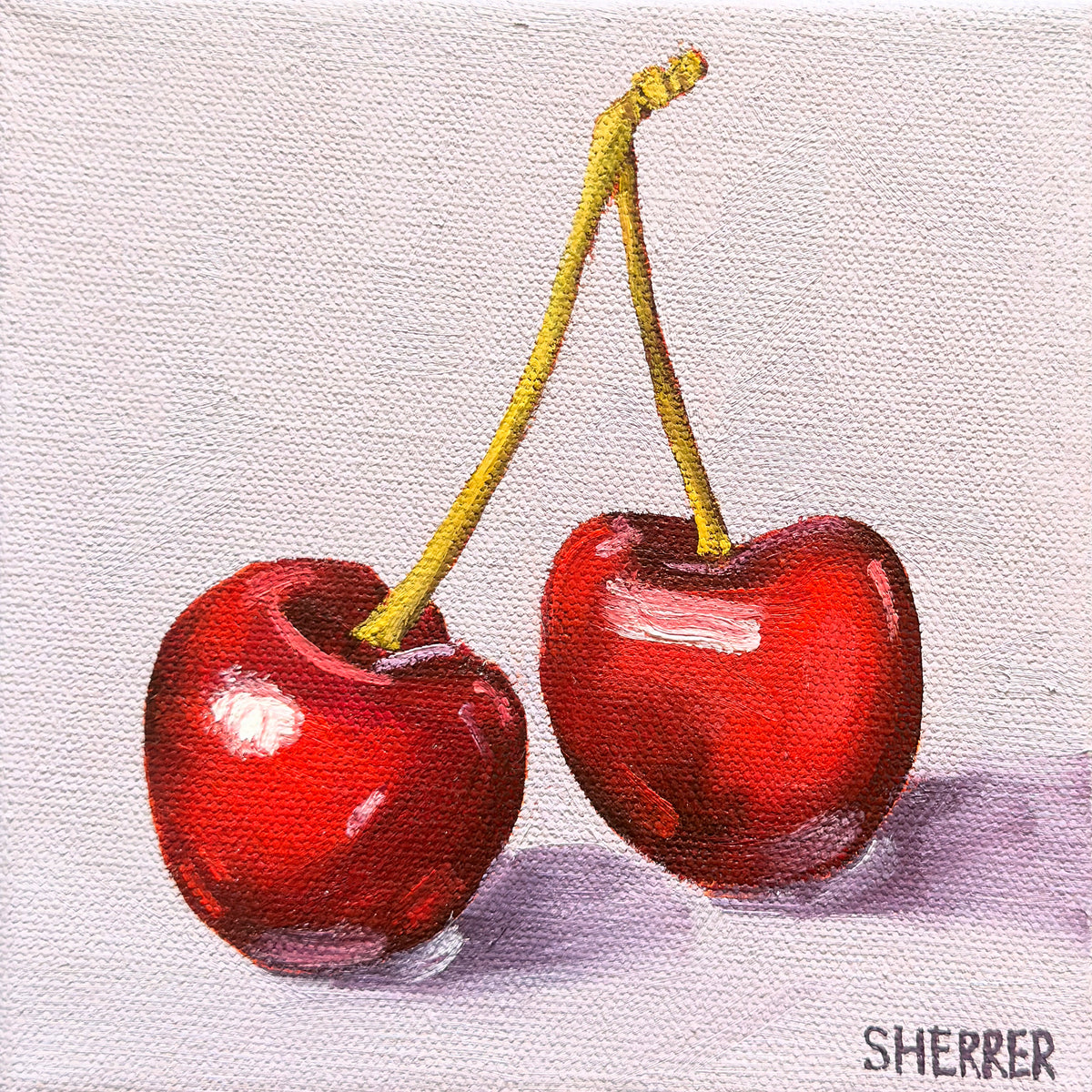 Cherry on Top, original oil painting by Caroline Sherrer, featuring two cherries resting on a gray purple background.