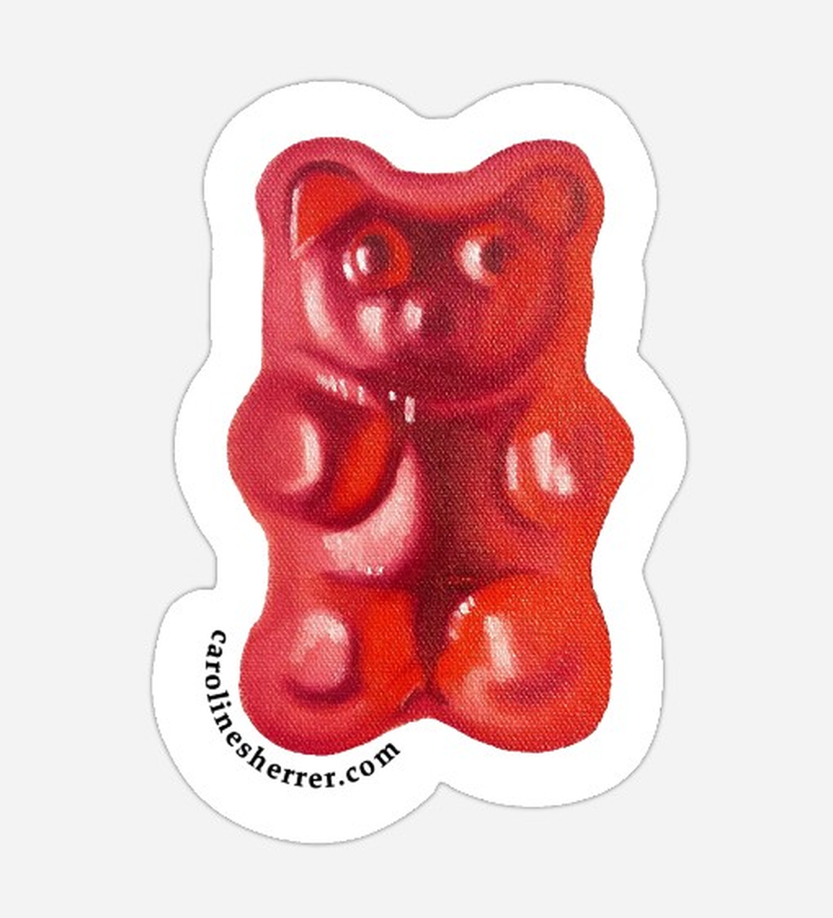 Red Gummy Bear die-cut gloss sticker by Caroline Sherrer, featuring a red gummy bear painting with a white die-cut border.