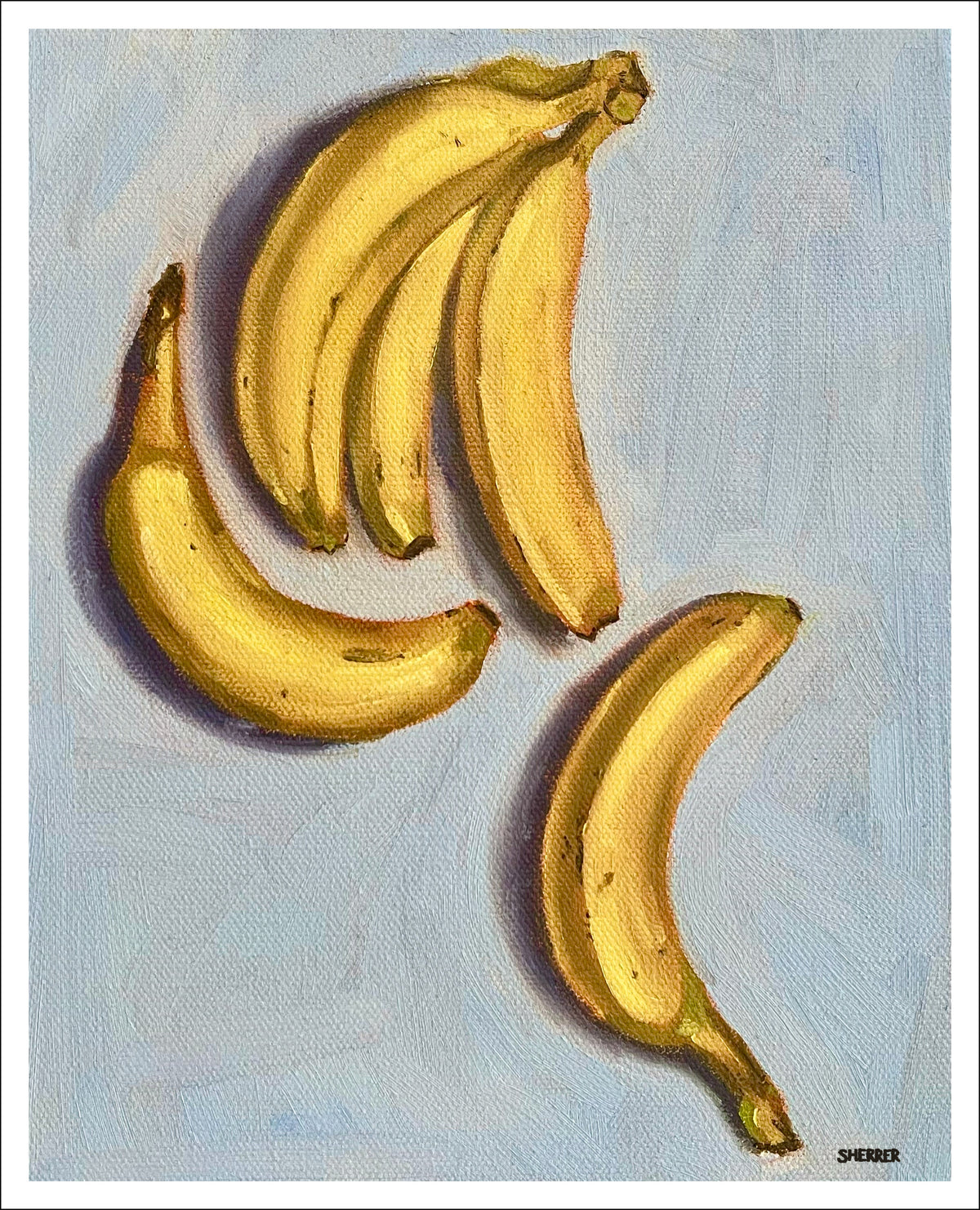 Banana Blue Background fine art print by Caroline Sherrer, featuring painted bananas on a blue background.