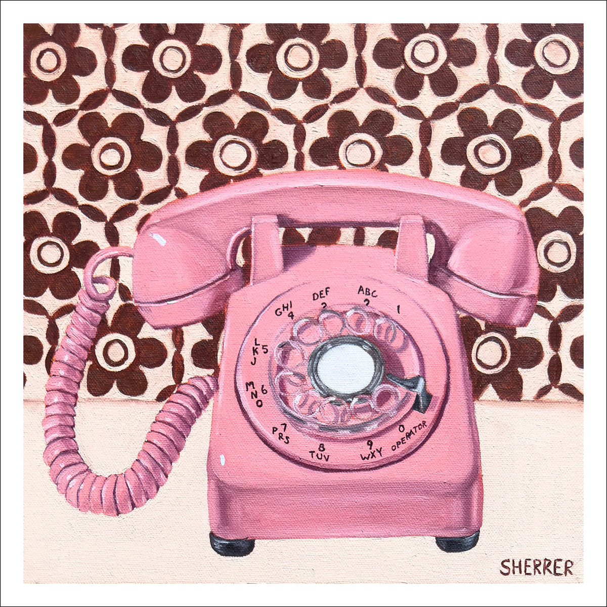 Rosy Ring fine art print by Caroline Sherrer, featuring a light pink vintage rotary phone on a dark maroon and white geometric patterned background.