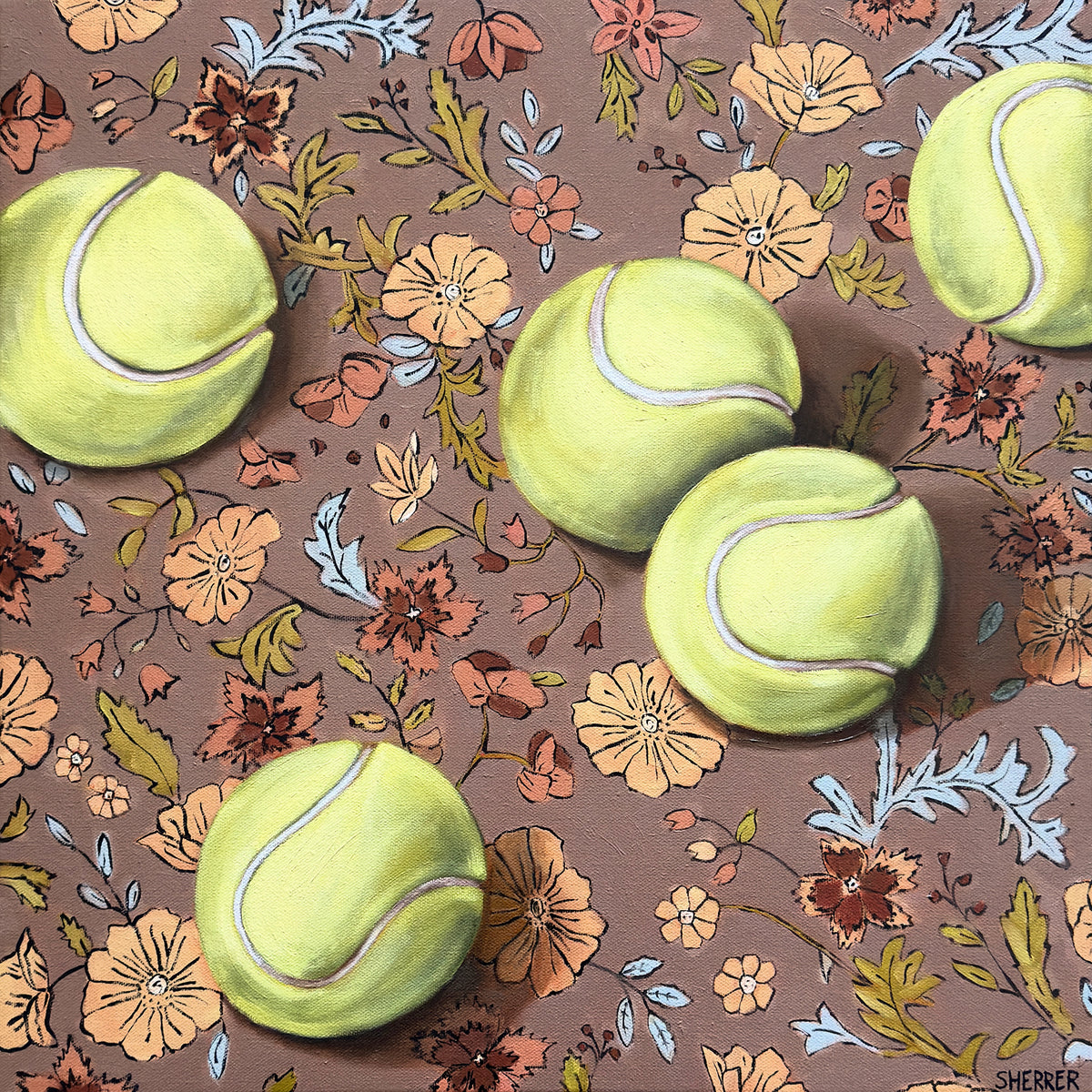 Weather for Tennis, original oil painting by Caroline Sherrer, featuring five yellow-green tennis balls scattered across a brown textile featuring a blue, pink, cream and pink floral pattern. The tennis balls seem to have been casually dropped onto the scene, and two are partially cropped out of the scene.