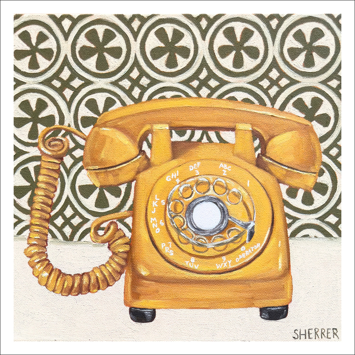 Golden Signal fine art print by Caroline Sherrer, featuring a yellow vintage rotary phone on a green geometric patterned background.