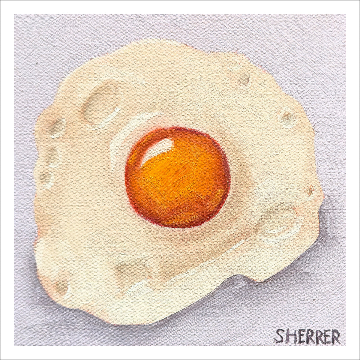 Over Easy I fine art print by Caroline Sherrer, featuring a sunny-side-up fried egg on a light purple background.
