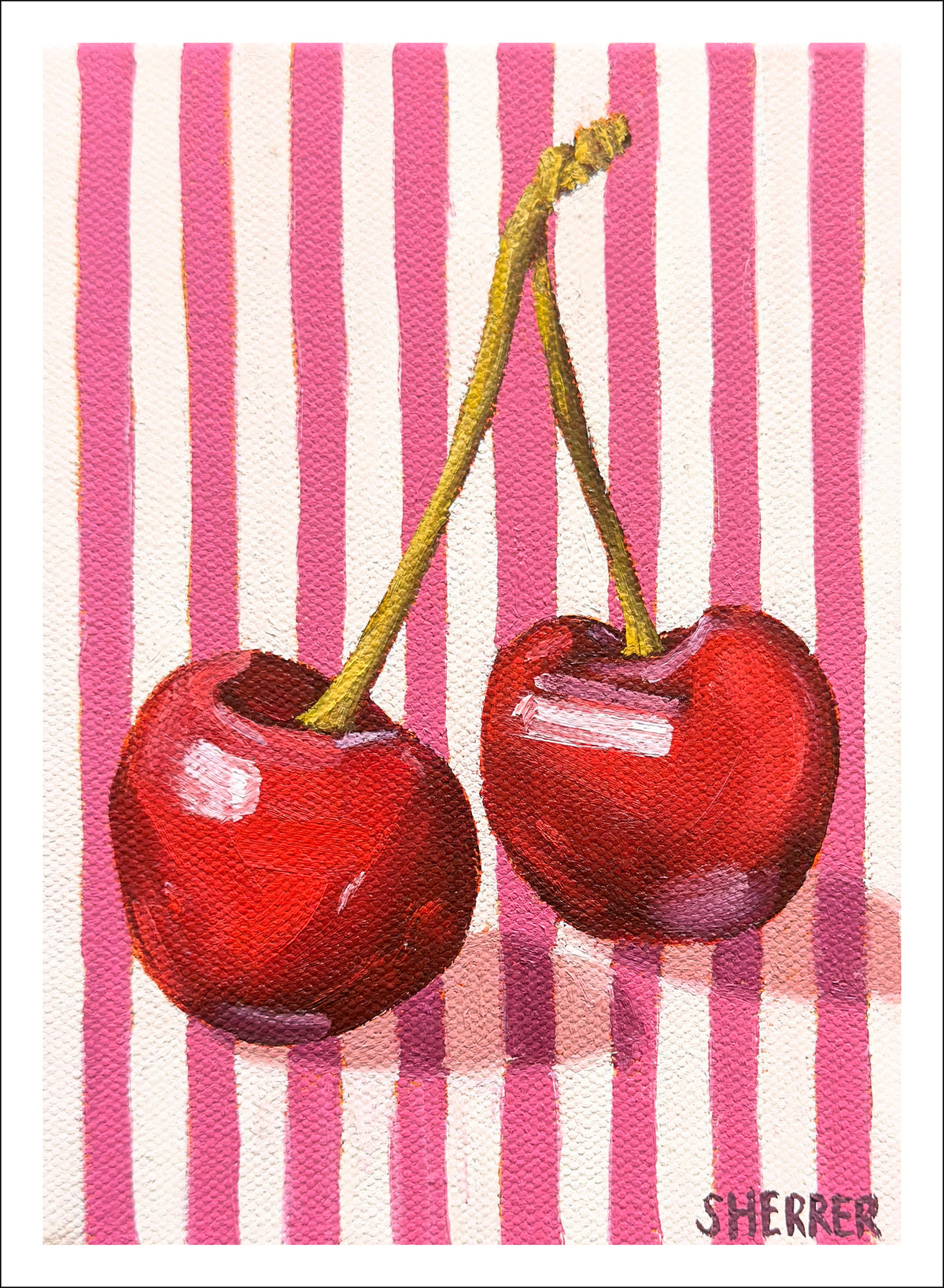 Side by Side fine art print by Caroline Sherrer, featuring painted cherries on a pink and white striped background.
