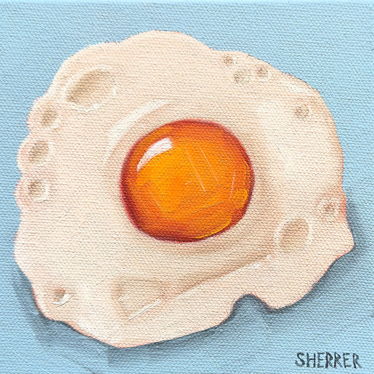 Good Morning, original oil painting by Caroline Sherrer, featuring a sunny-side-up fried egg on a medium blue background.