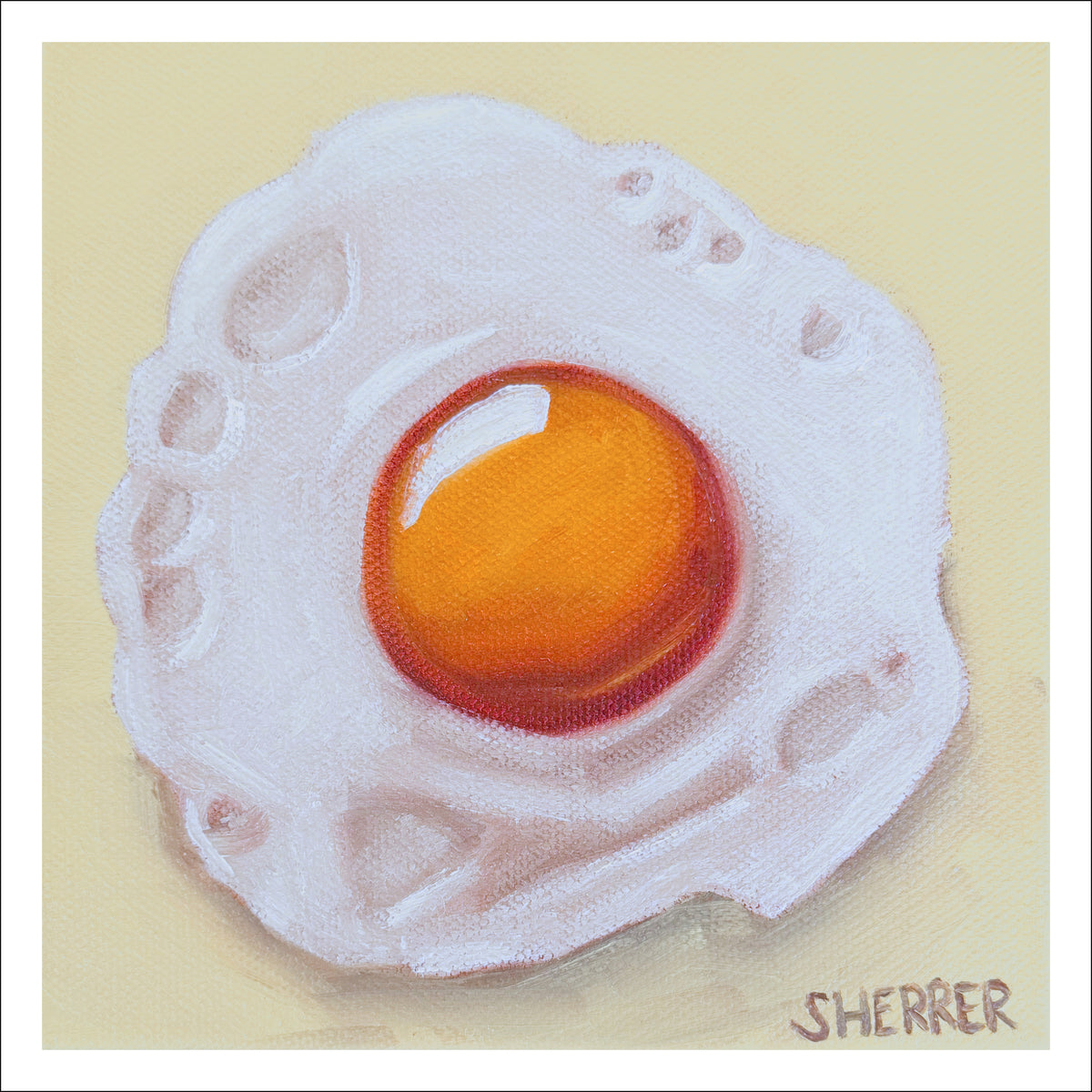 Sunny Side I fine art print by Caroline Sherrer, featuring a sunny-side-up fried egg on a light yellow background.