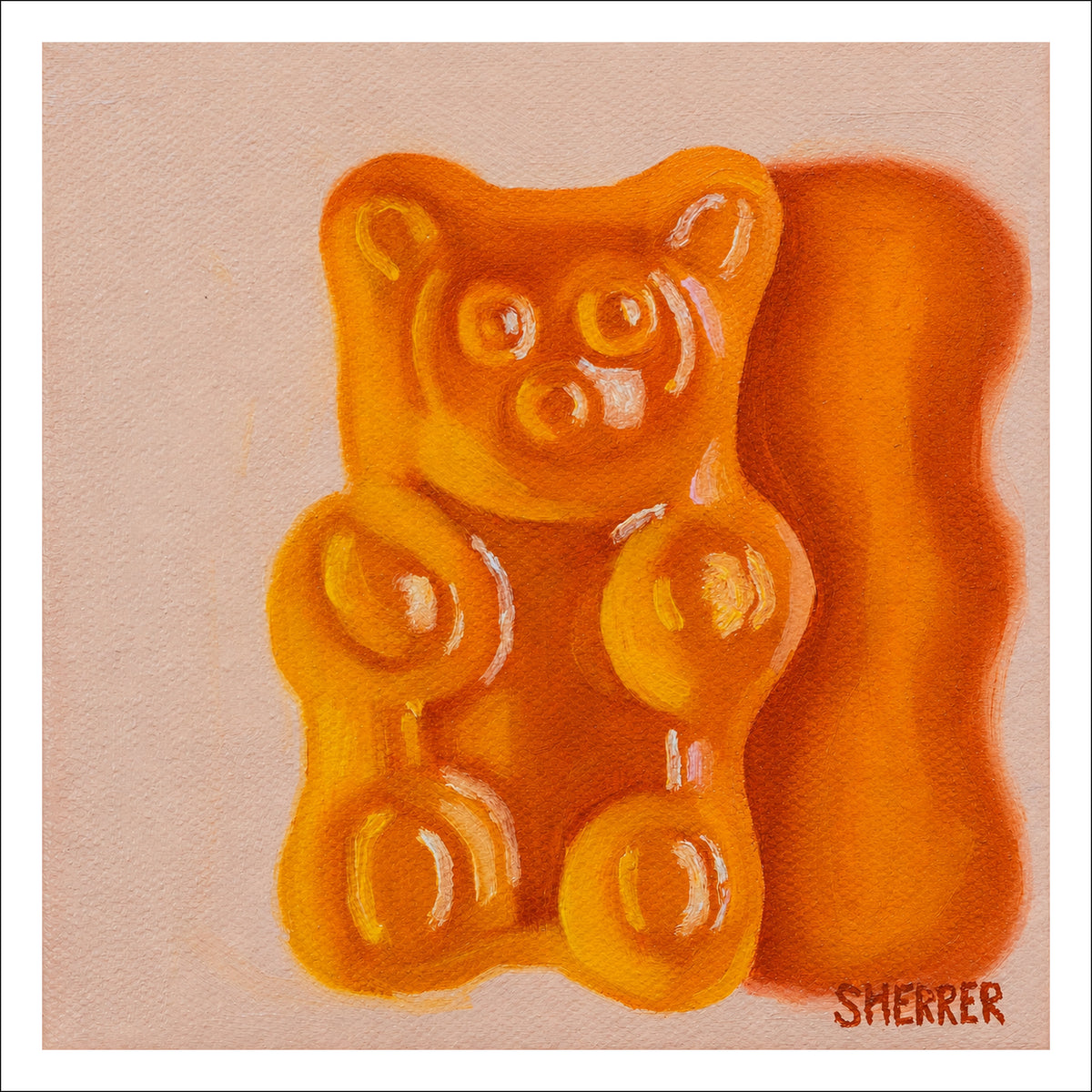 Gummy Bear Orange fine art print by Caroline Sherrer, featuring a translucent orange gummy bear with a strong shadow being cast onto the light orange background.