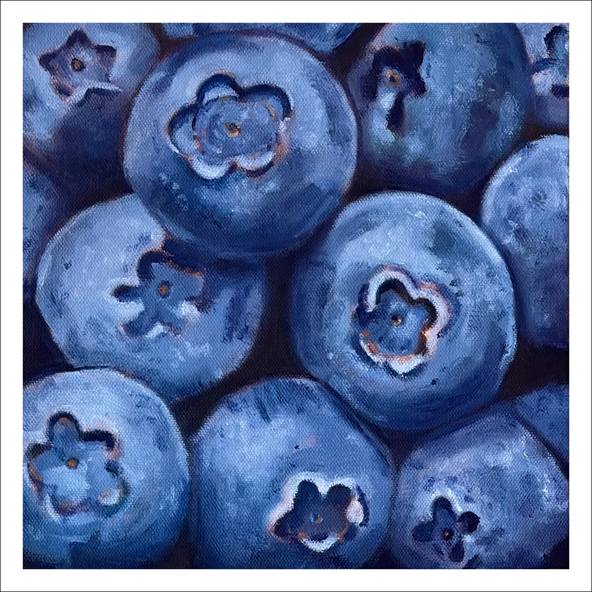 Blueberries Zoomed fine art print by Caroline Sherrer, featuring many blueberries that are being zoomed in on.