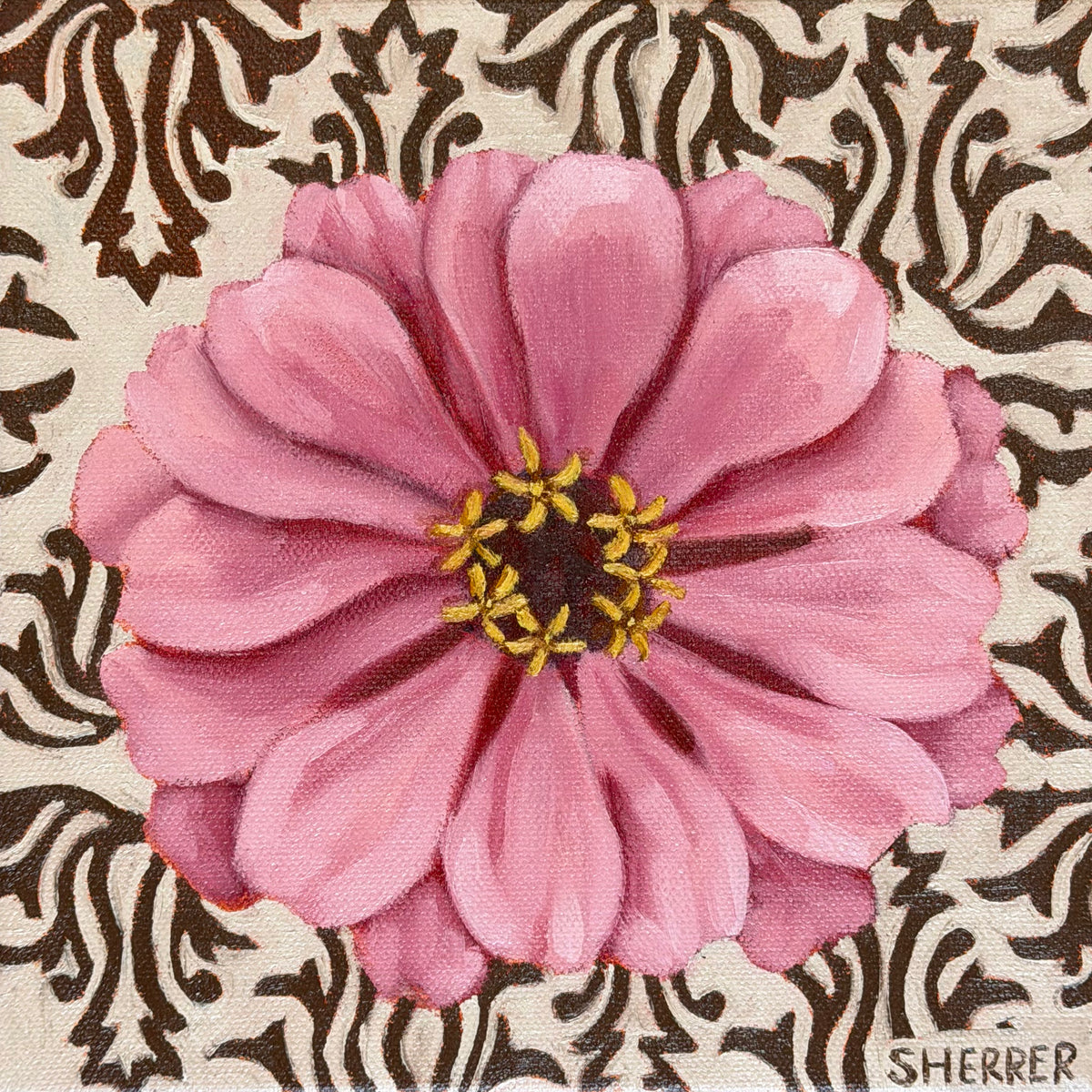 Floral Rhythm III, original oil painting by Caroline Sherrer, featuring one pink zinnia centered on a light tan and brown patterned background.