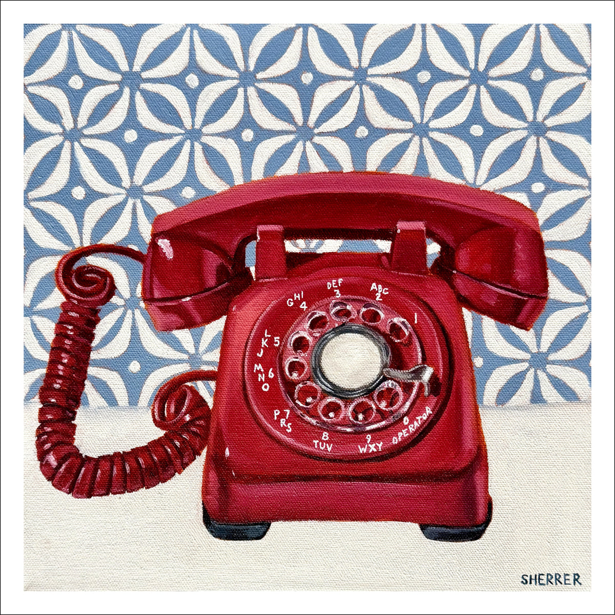 Retro Red fine art print by Caroline Sherrer, featuring a red vintage rotary phone on a blue and white geometric patterned background.