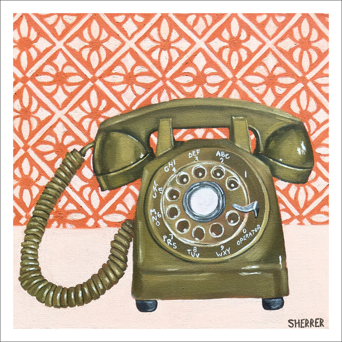 Earth Tone fine art print by Caroline Sherrer, featuring a green vintage rotary phone on a terra cotta orange and off white geometric patterned background.