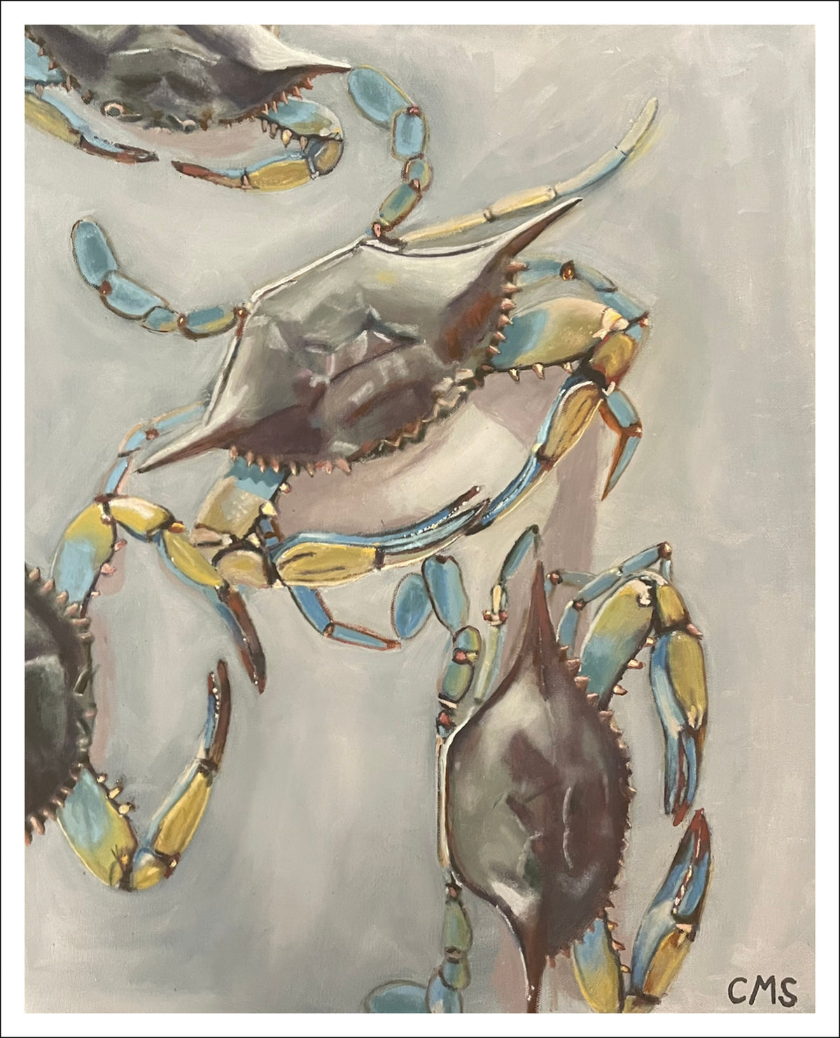 Crabs fine art print by Caroline Sherrer, featuring four blue crabs scattered across a light gray background. Two of the crabs are partially cut out of the frame.