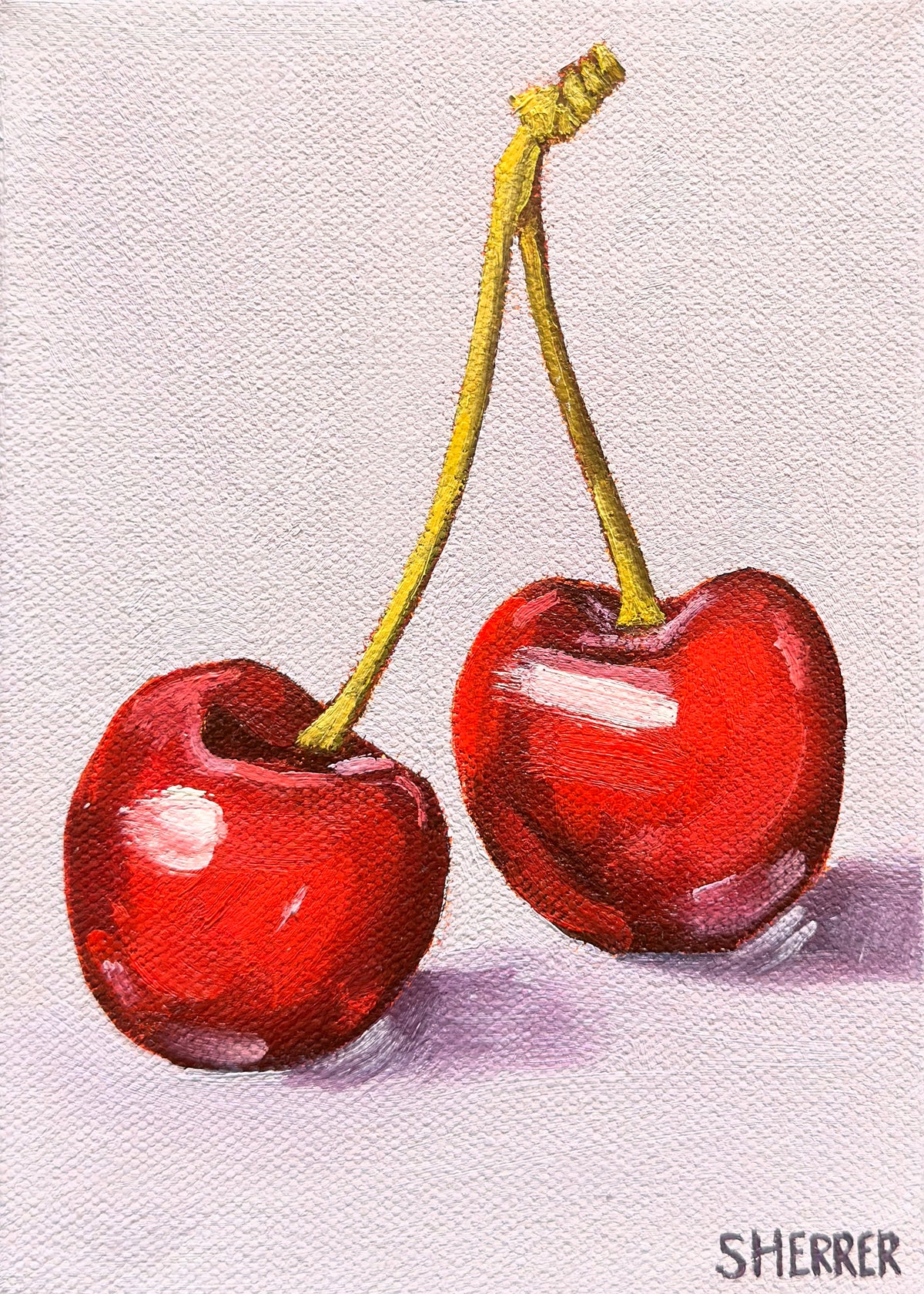 Better Together, original oil painting by Caroline Sherrer, featuring two cherries resting on a gray purple background.
