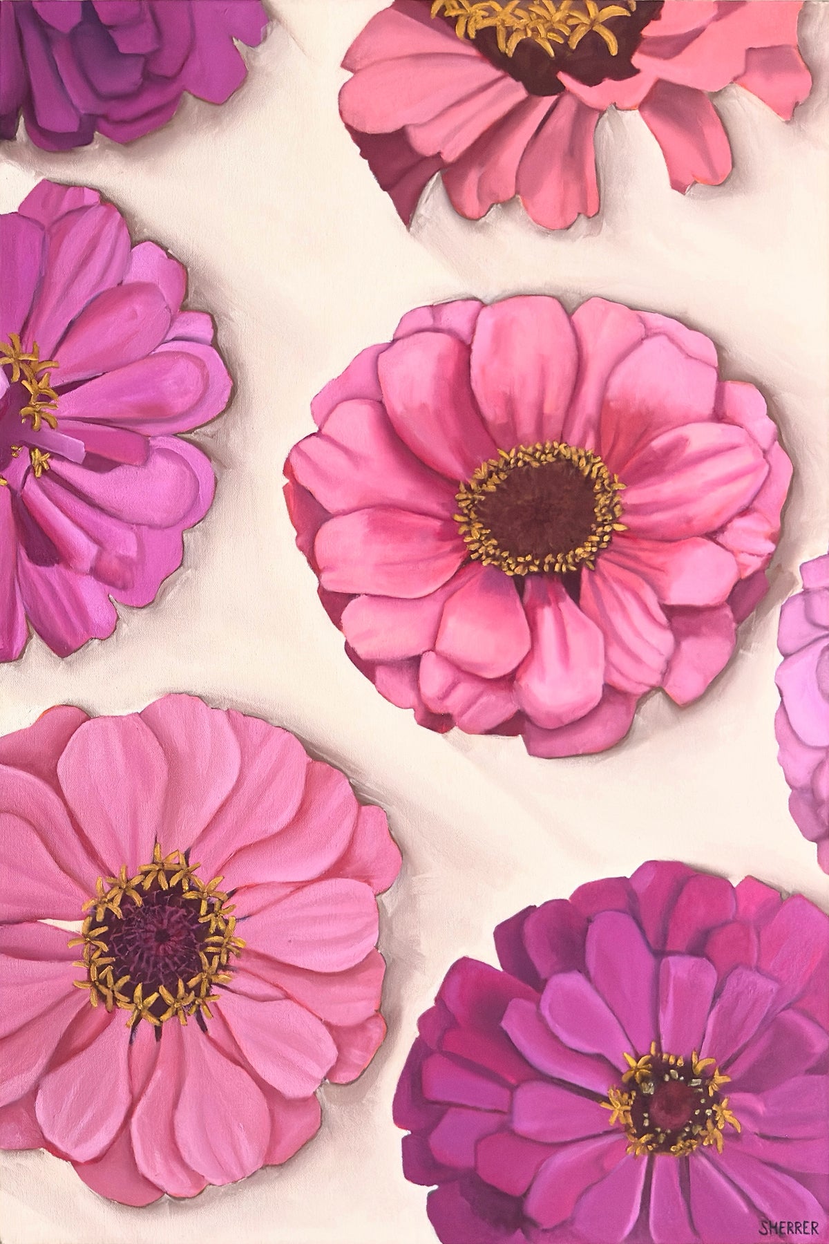 Garden Party I, original oil painting by Caroline Sherrer, featuring layered zinnia blossoms scattered across a tan background. The zinnias cast a soft shadow onto the background.