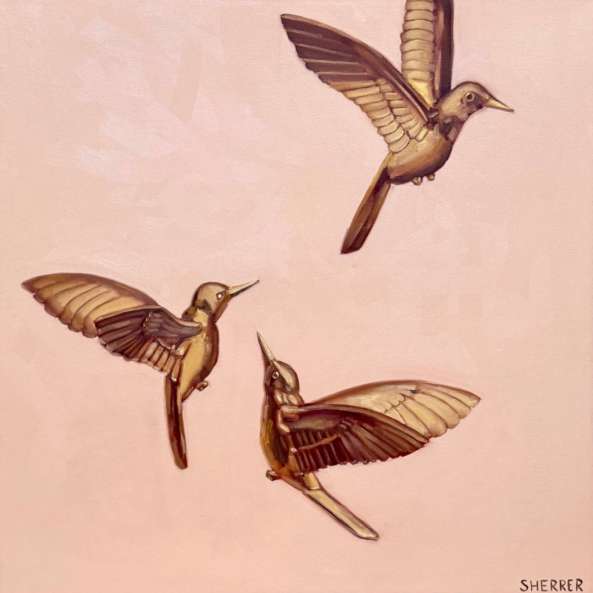 Blush Morning, original oil painting by Caroline Sherrer, featuring three brass hummingbirds in flight against a pinkish beige background.