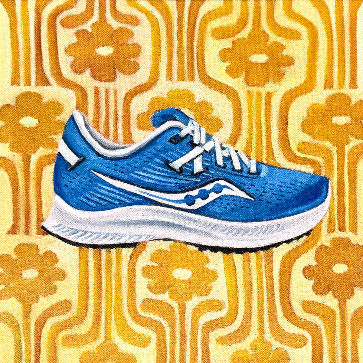 Overqualified, original oil painting by Caroline Sherrer, featuring a royal blue running shoe on a two toned mustard yellow abstract floral background.
