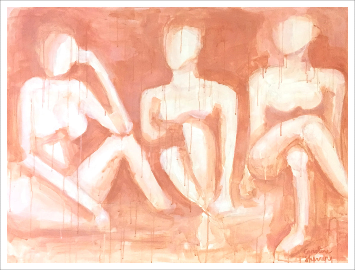 Pink Ladies fine art print by Caroline Sherrer, featuring three abstract coral, blush-pink, and white painted female forms in various seated positions as if they were sitting together on a bench.