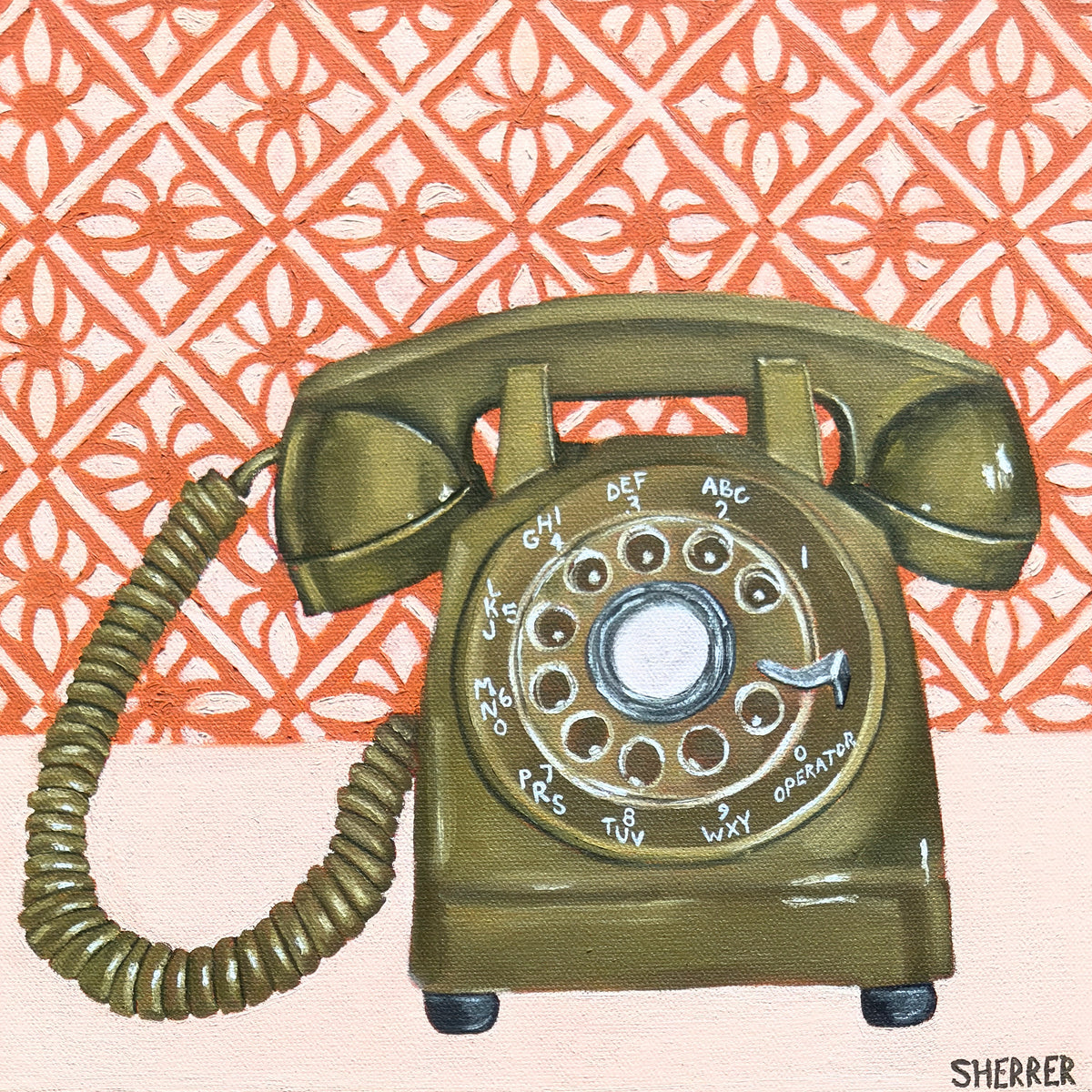 Earth Tone, original oil painting by Caroline Sherrer, featuring a green vintage rotary phone on a terra cotta orange and off white geometric patterned background.