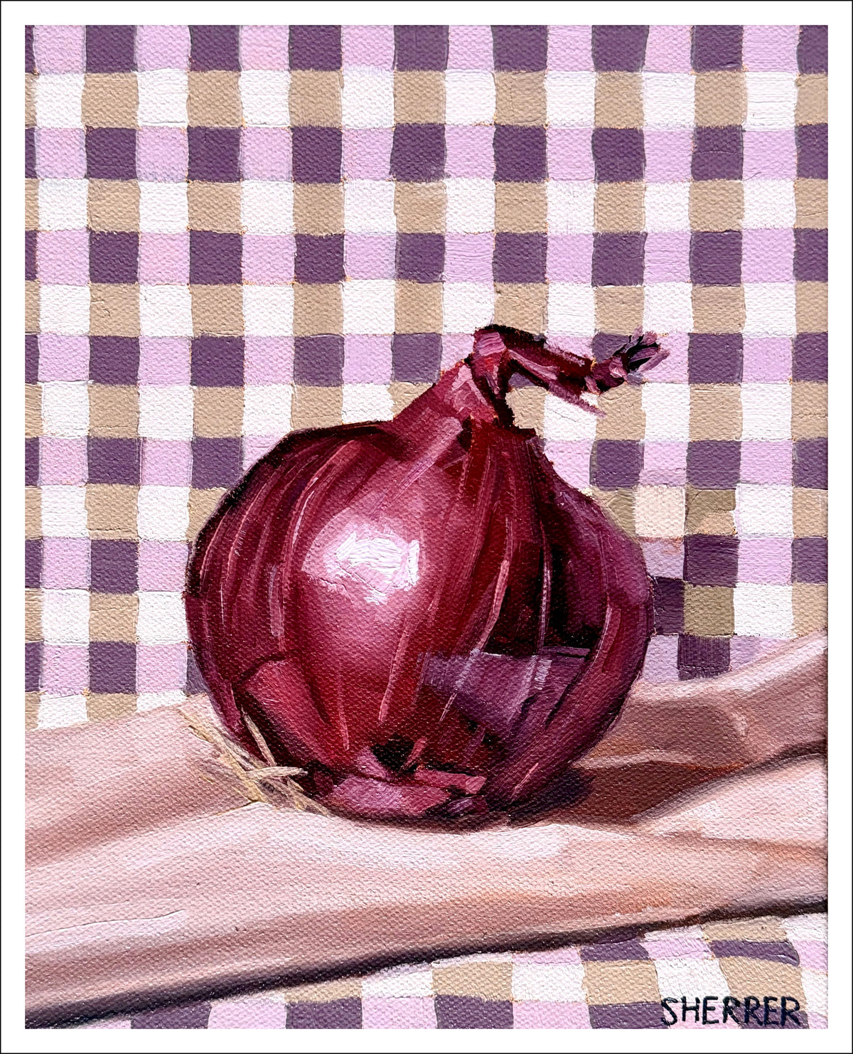 Red Onion on Gingham fine art print by Caroline Sherrer, featuring a red onion resting on a purple, mauve and white gingham napkin. The onion and napkin rest on a mauve background.