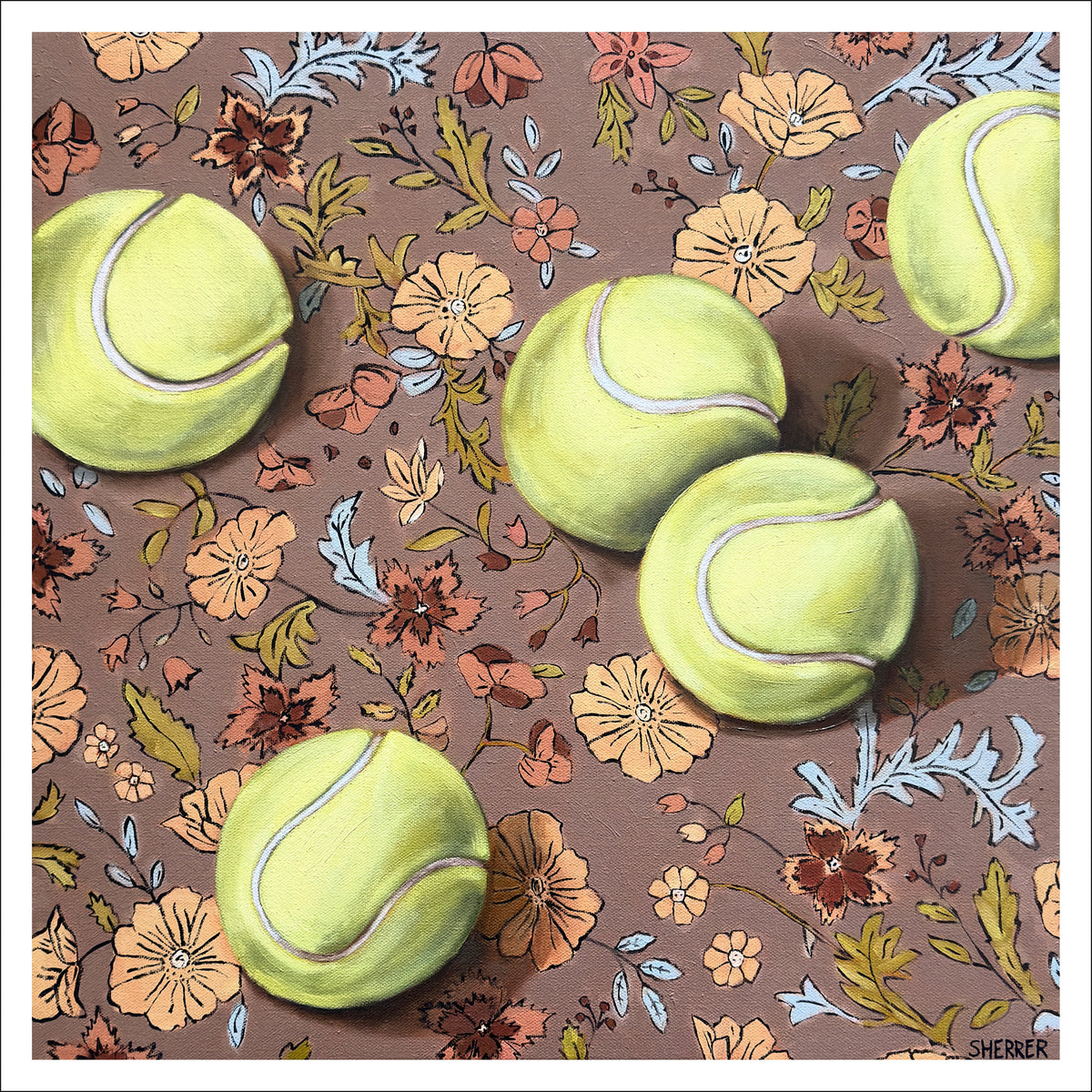 Weather for Tennis fine art print by Caroline Sherrer, featuring five yellow-green tennis balls scattered across a brown textile featuring a blue, pink, cream and pink floral pattern. The tennis balls seem to have been casually dropped onto the scene, and two are partially cropped out of the scene.