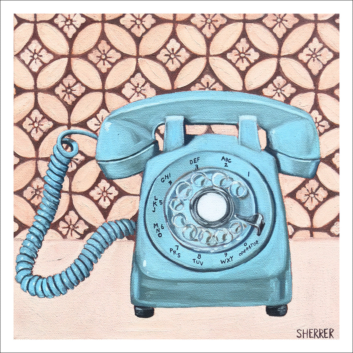 Soft Static fine art print by Caroline Sherrer, featuring a light sky blue vintage rotary phone on a tan and brown geometric patterned background.