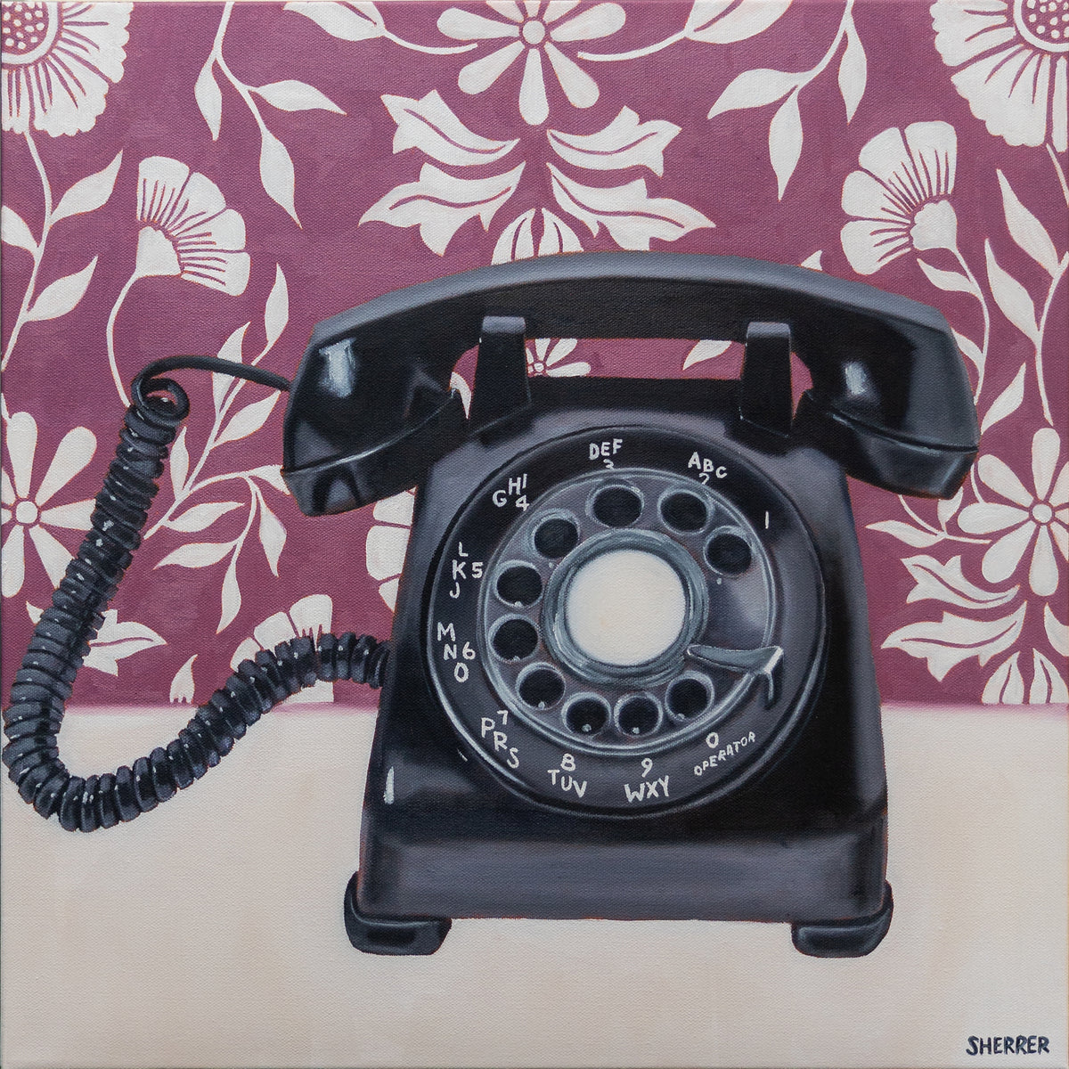 Purple Party Line, original oil painting by Caroline Sherrer, featuring a black vintage rotary phone on a purple and white floral patterned background.