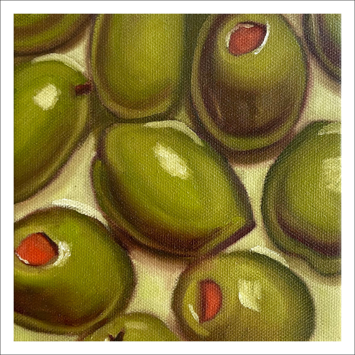 Olives Small fine art print by Caroline Sherrer, featuring glossy green olives scattered across the page.