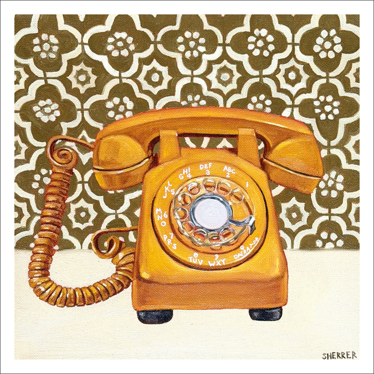 Honey Hello fine art print by Caroline Sherrer, featuring a yellow vintage rotary phone on a green and white geometric patterned background.