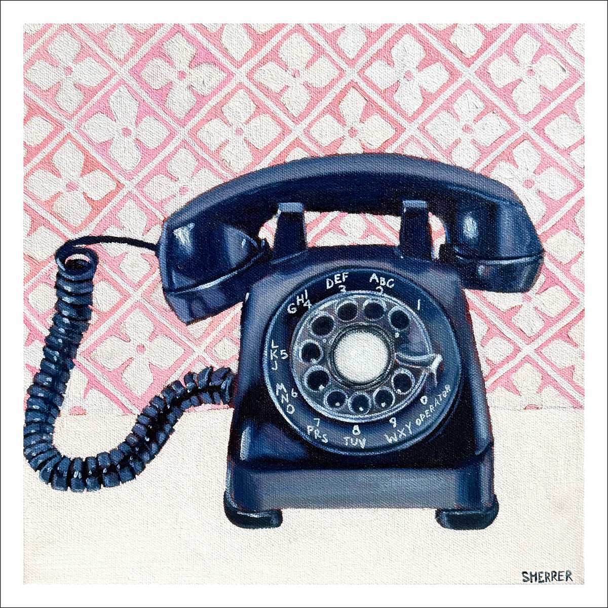 Be Mine fine art print by Caroline Sherrer, featuring a black vintage rotary phone on a pink and white geometric patterned background.