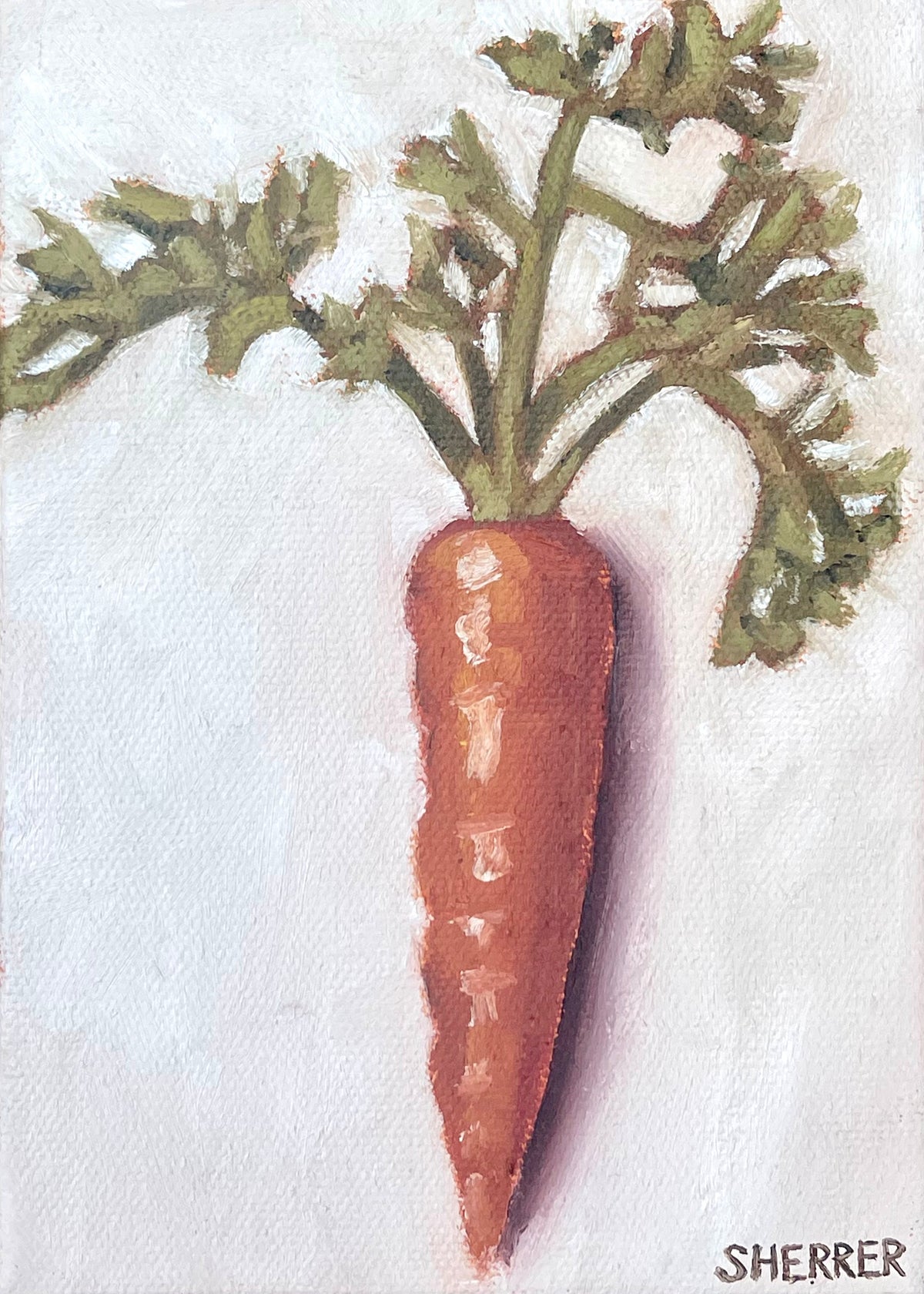 Farmers Market I, original oil painting by Caroline Sherrer, featuring an orange carrot with green leafy stem on a tan background.