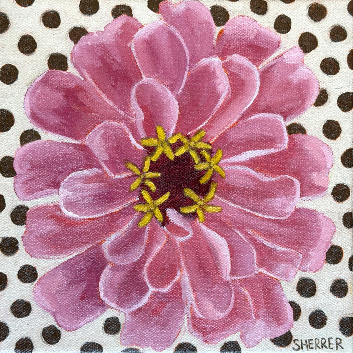 Floral Rhythm II, original oil painting by Caroline Sherrer, featuring one pink zinnia centered on a light tan and brown polkadot patterned background.