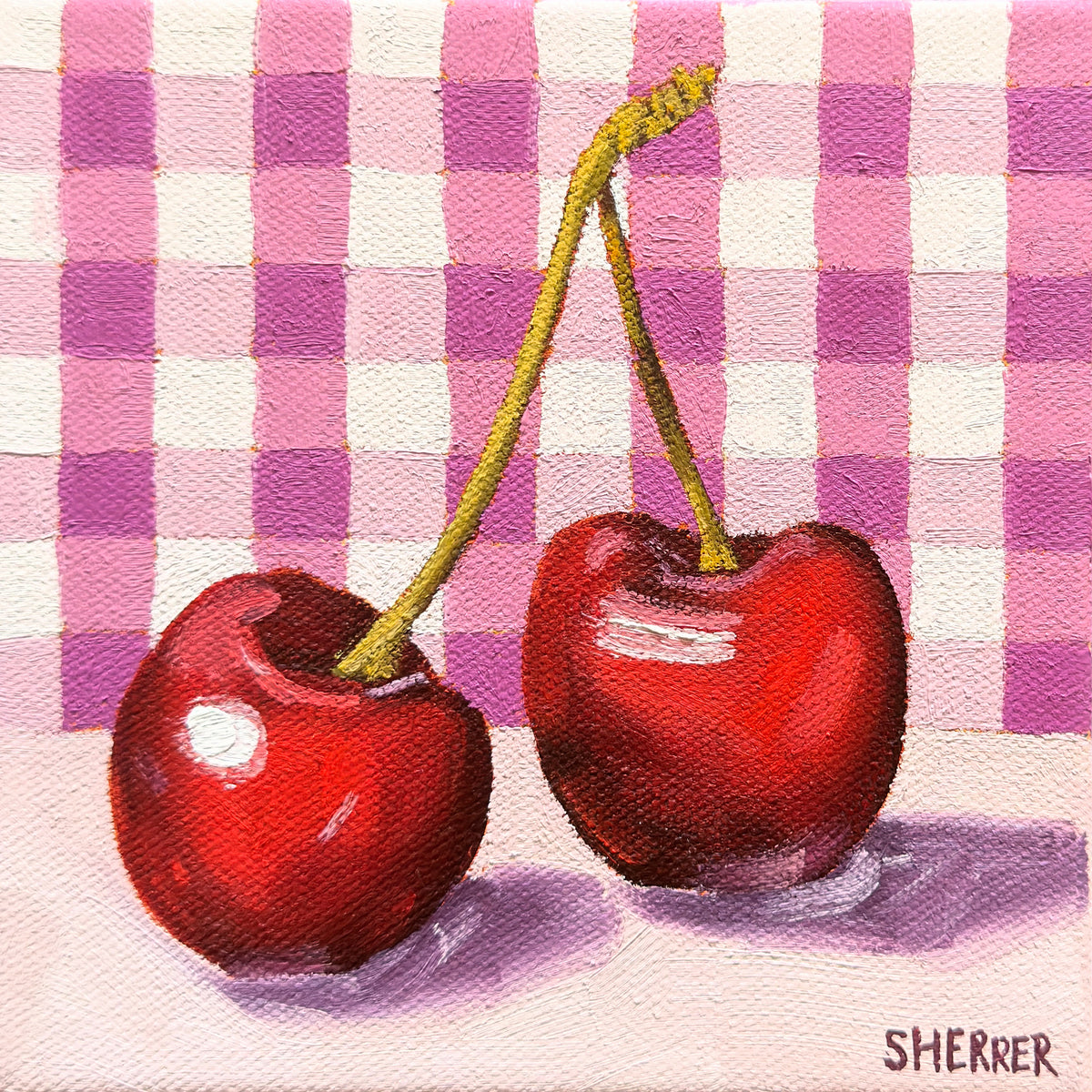Picnic Pattern, original oil painting by Caroline Sherrer, featuring two cherries resting on a pink, purple, plum and white background.