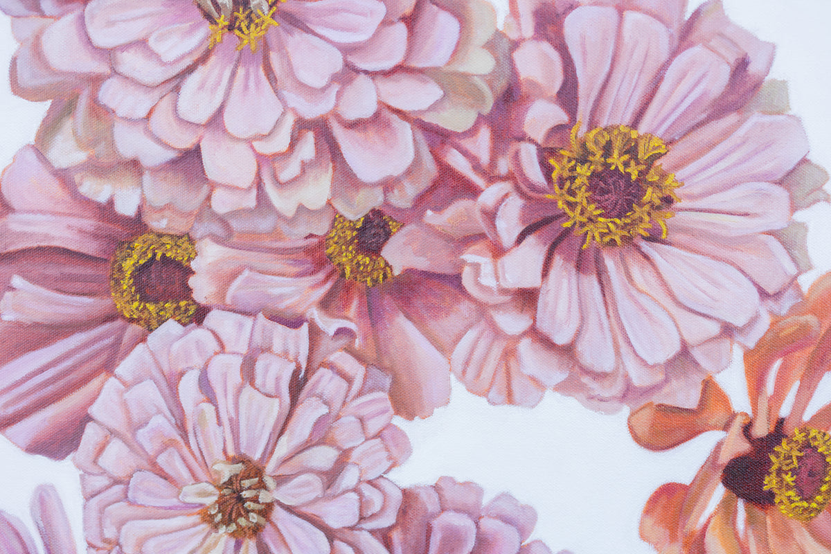 Close-up of layered pink and peach zinnia petals and golden centers in Spring Zinnias.