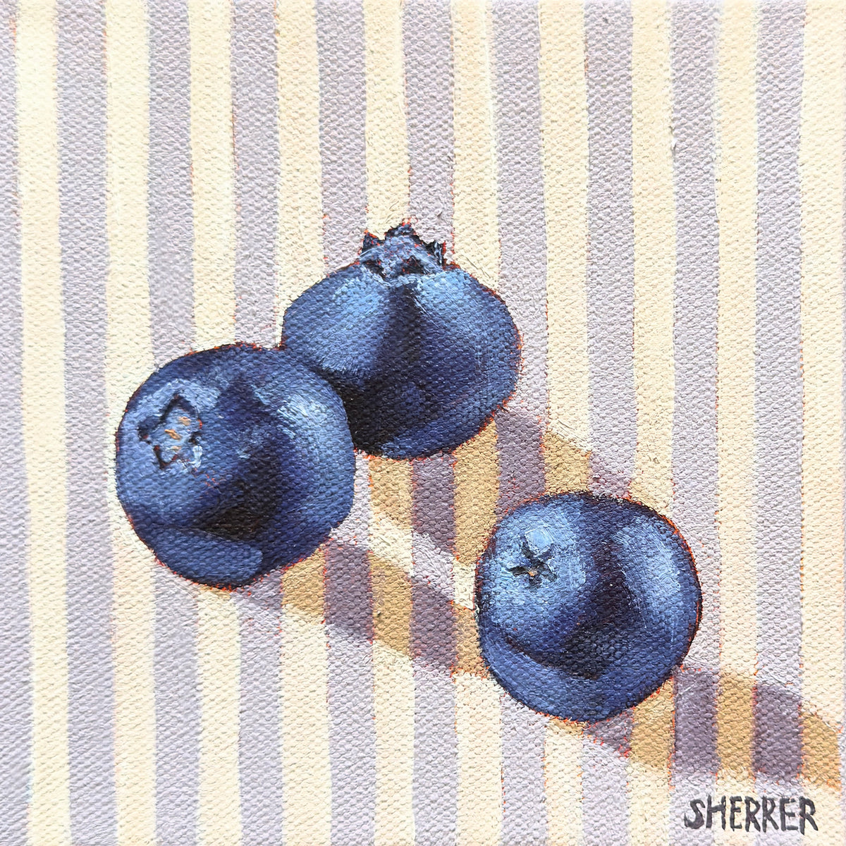 Along the Lavender, original oil painting by Caroline Sherrer, featuring three ripe blueberries resting on a lavender and white striped background.