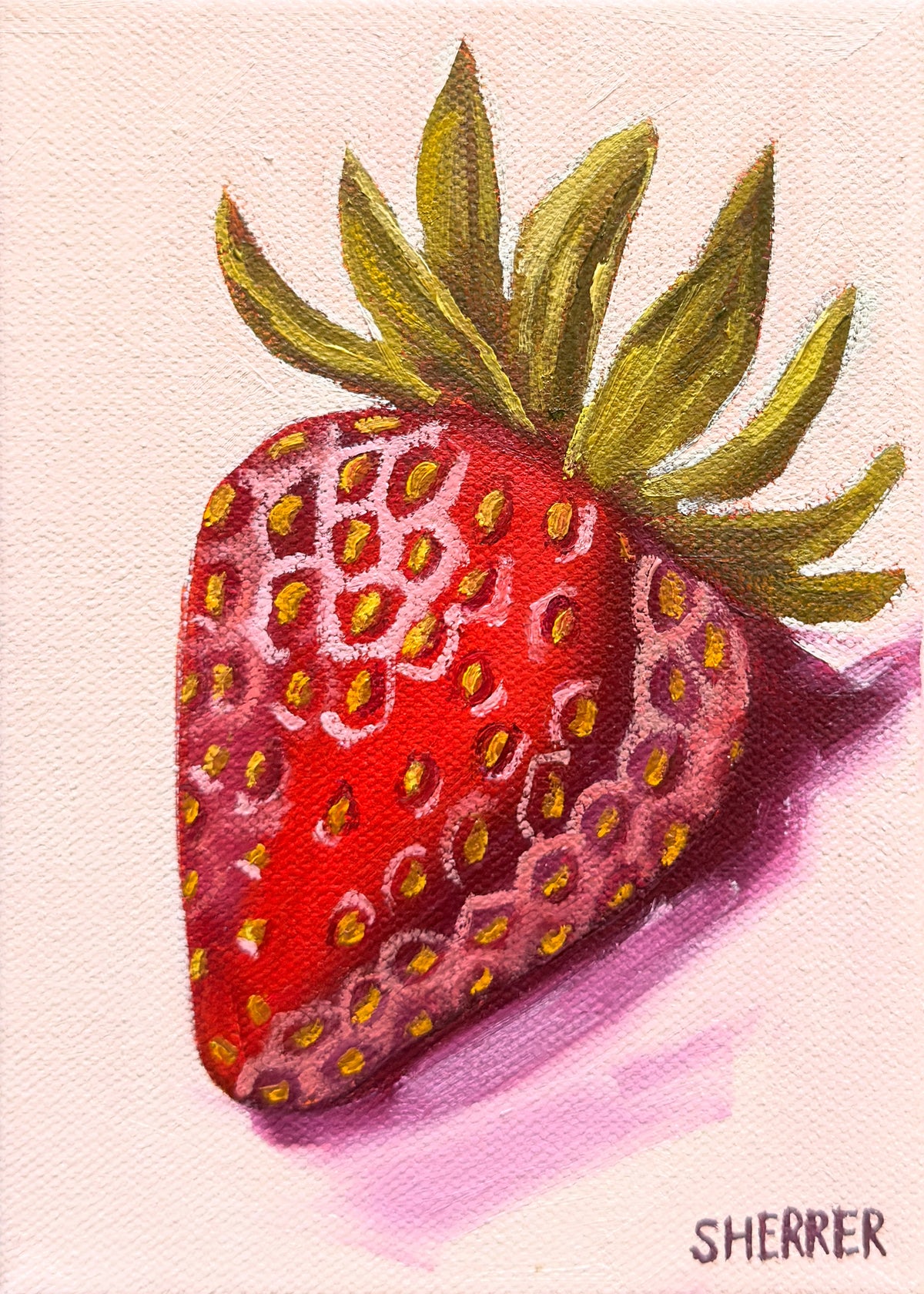 April, original oil painting by Caroline Sherrer, featuring one red strawberry with green leaves on a pale pinkish white background.