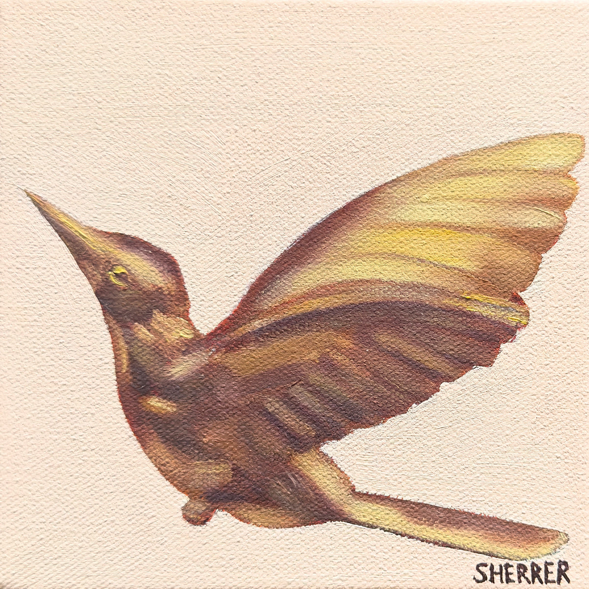 Brass Bird, original oil painting by Caroline Sherrer, featuring brass hummingbird on a light tan background.