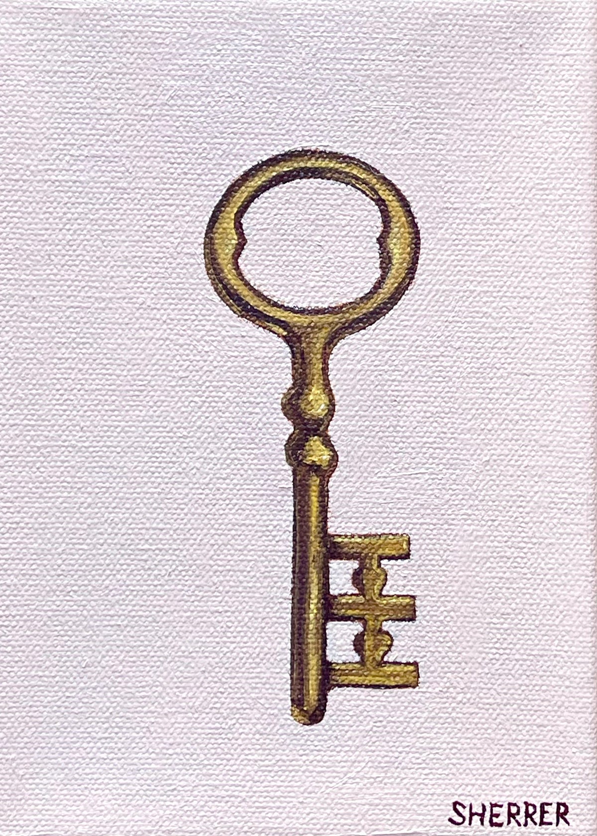 Brass Key, original oil painting by Caroline Sherrer, featuring an antique brass key on a plain light tan background.