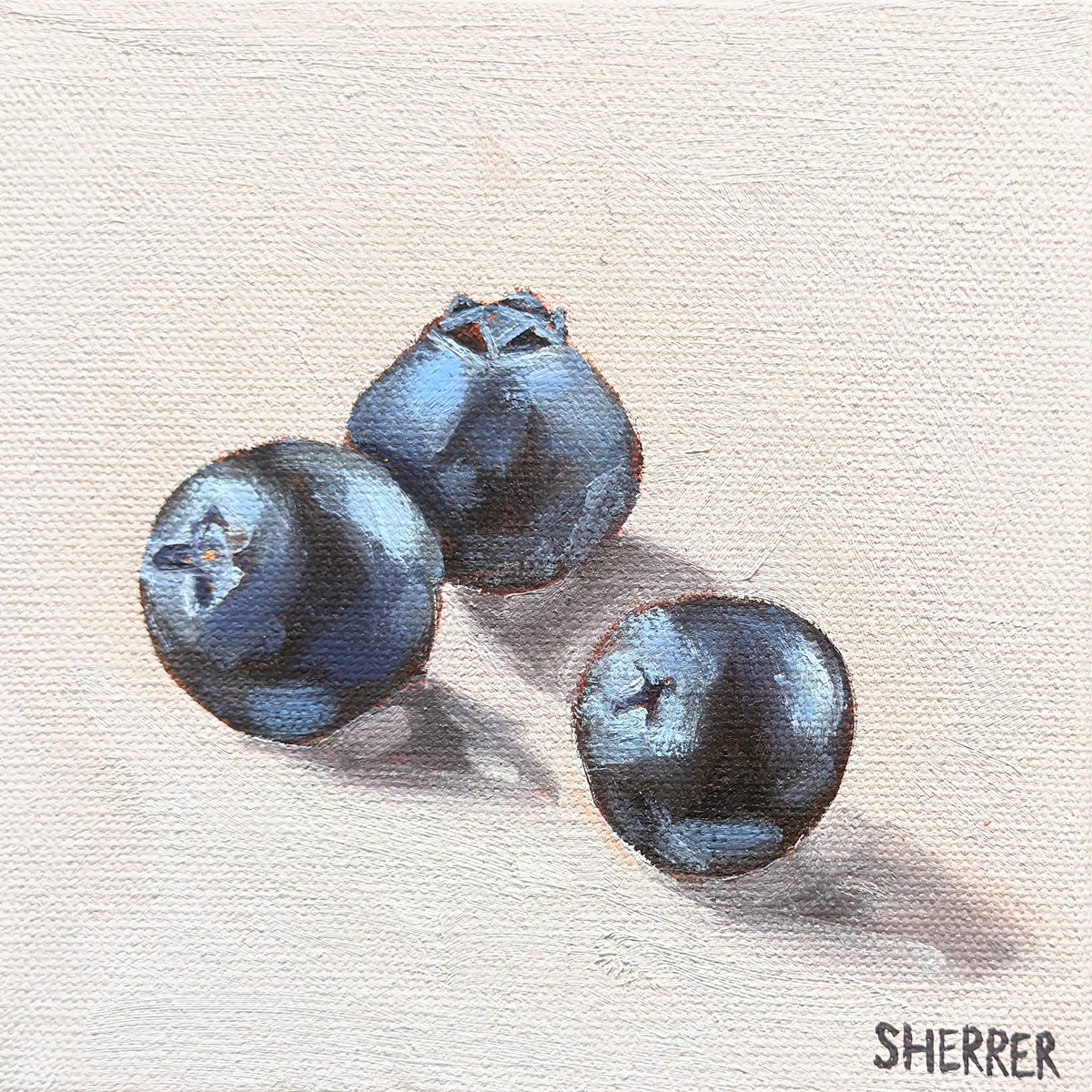 Cool Summer, original oil painting by Caroline Sherrer, featuring three ripe blueberries resting on a lavender background.