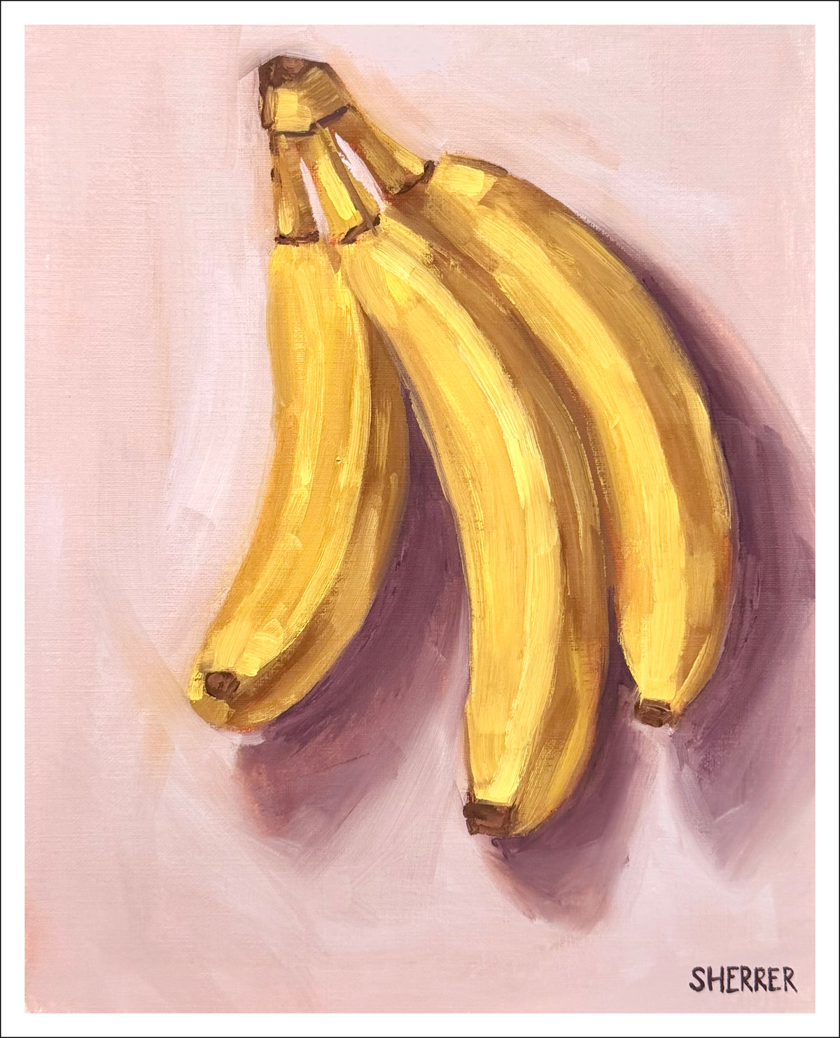Banana Pink Background fine art print by Caroline Sherrer, featuring painted bananas on a pink background.