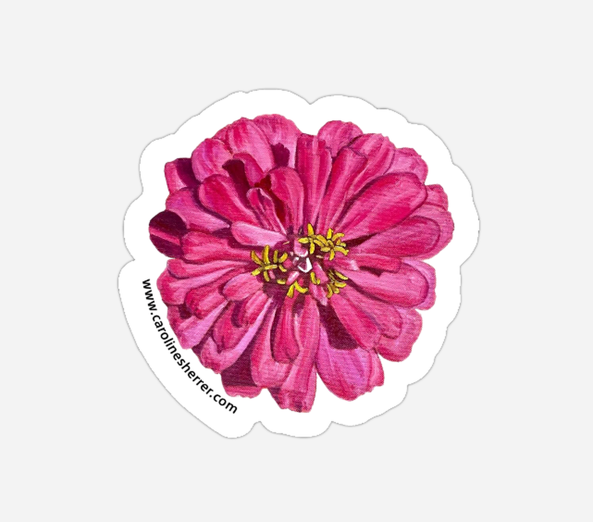 Pink Zinnia die-cut gloss sticker by Caroline Sherrer, featuring a painting of hot pink zinnia blossom.