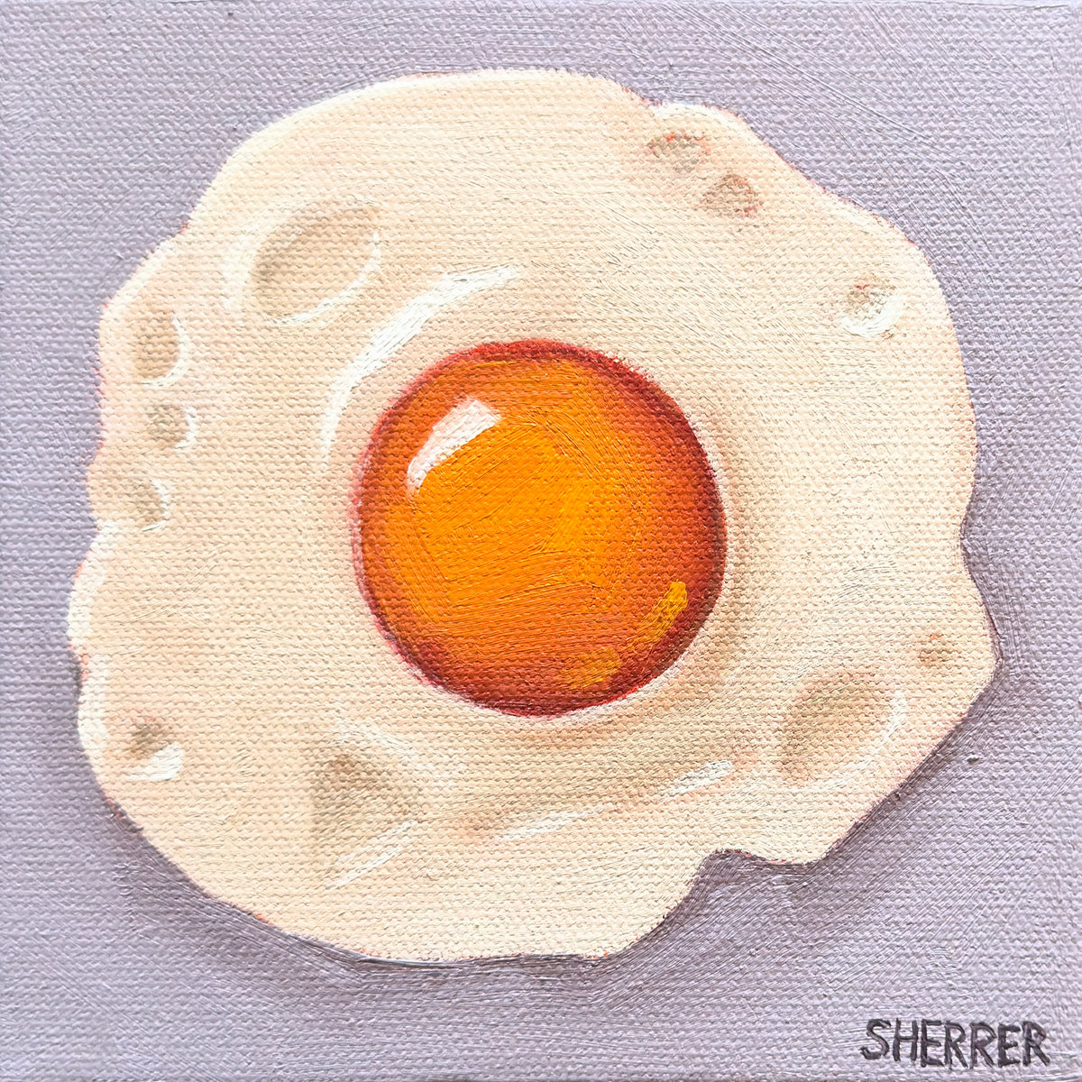 Fry Me to the Moon, original oil painting by Caroline Sherrer, featuring a sunny-side-up fried egg on a dark purple background.